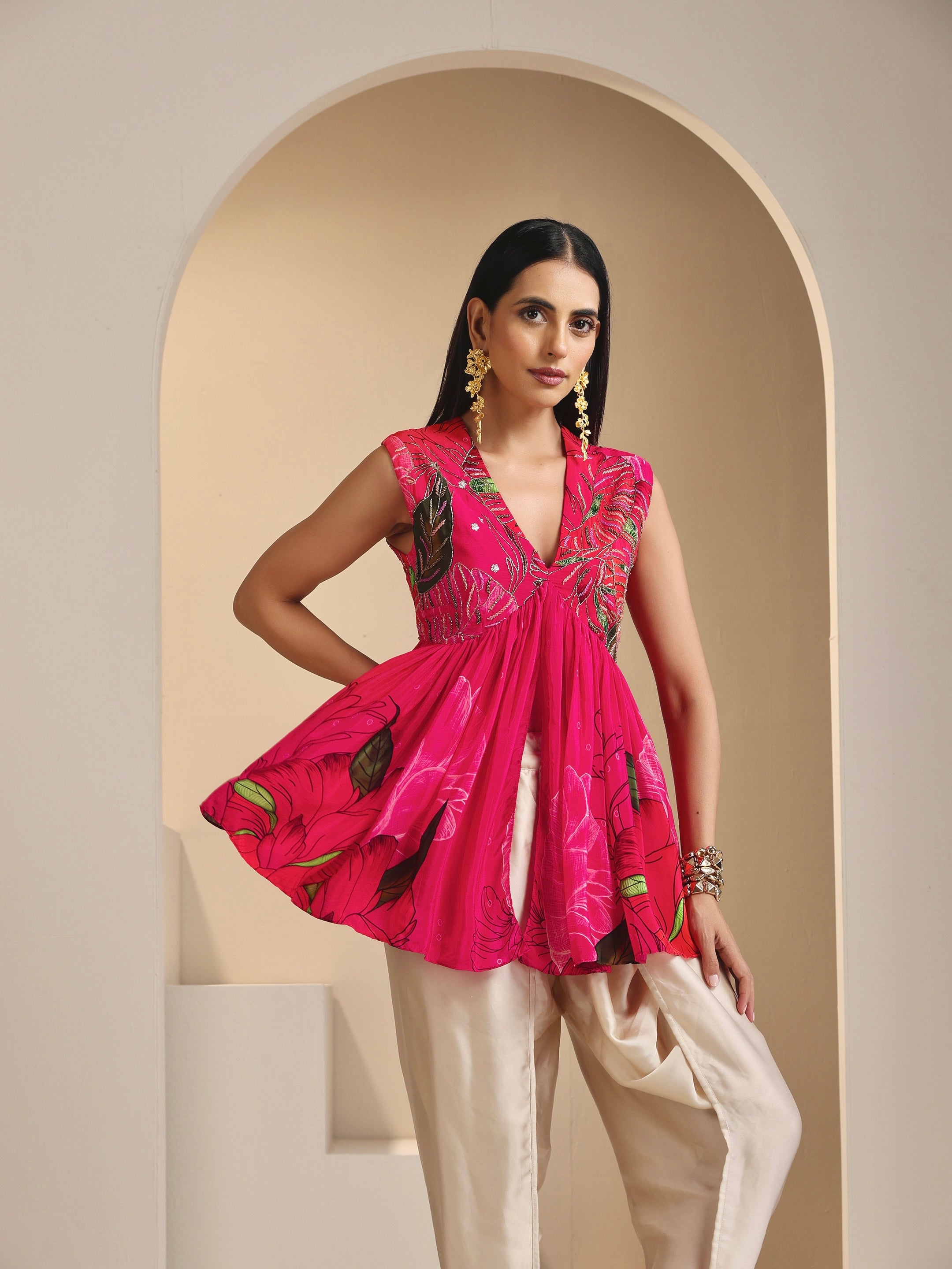 Iraa Embroidered Peplum Top with Dhoti Pant Set