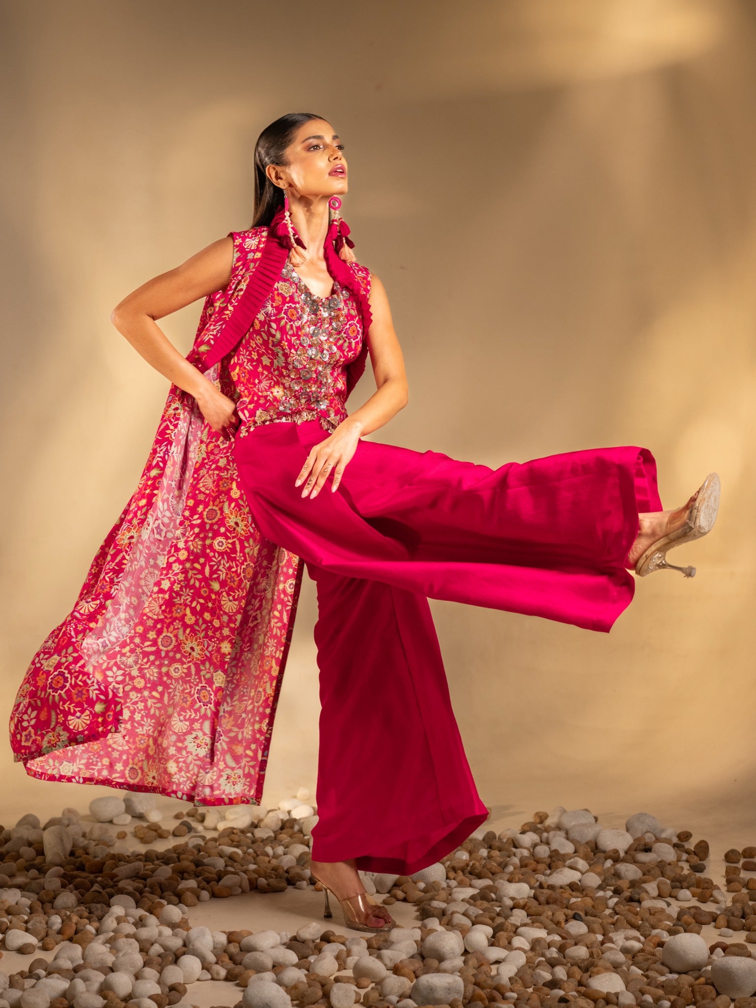 Gulabi Noor Short Top, Wide Leg Pants & Jacket