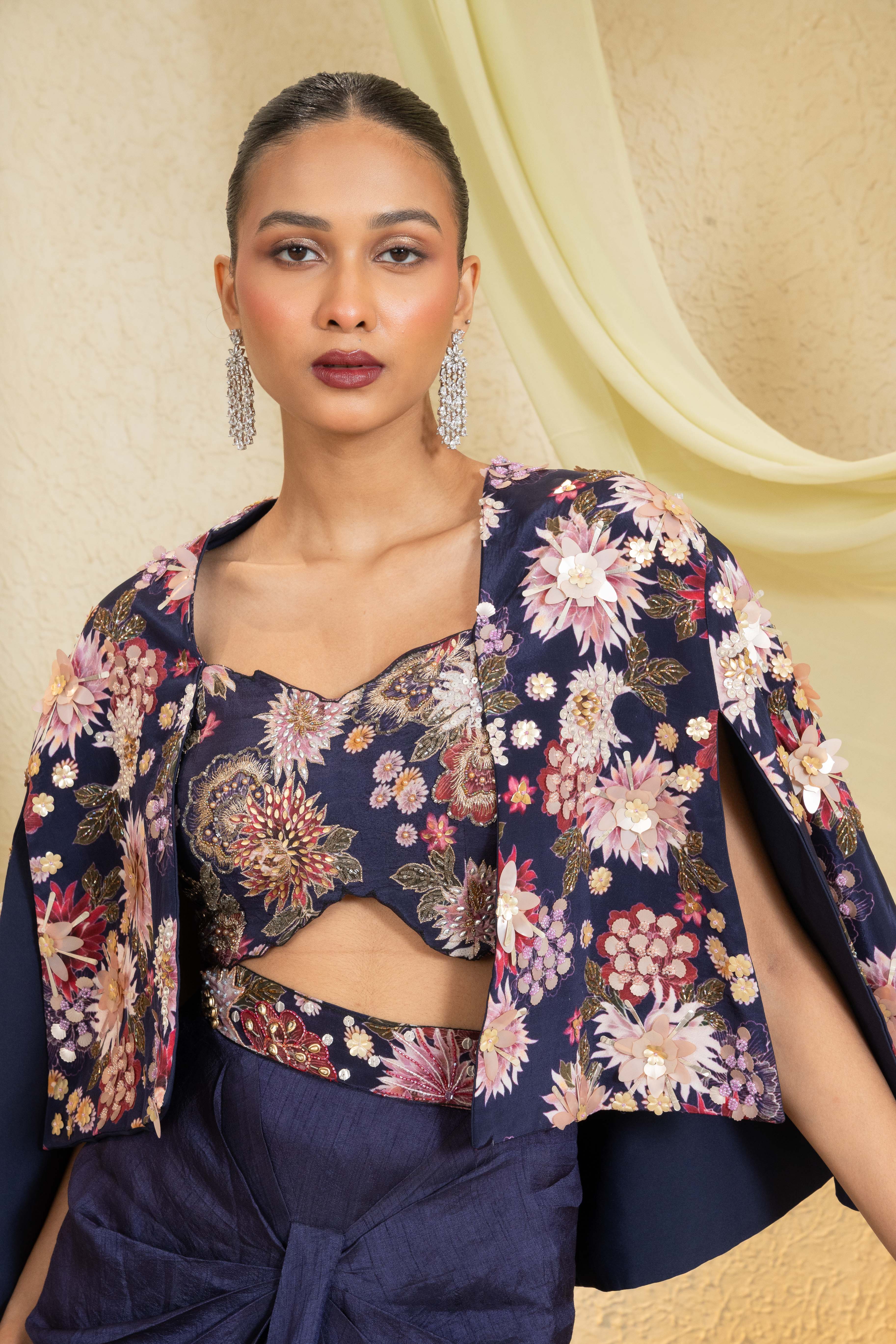 Twilight Bloom Hand-Embroidered Cape Set