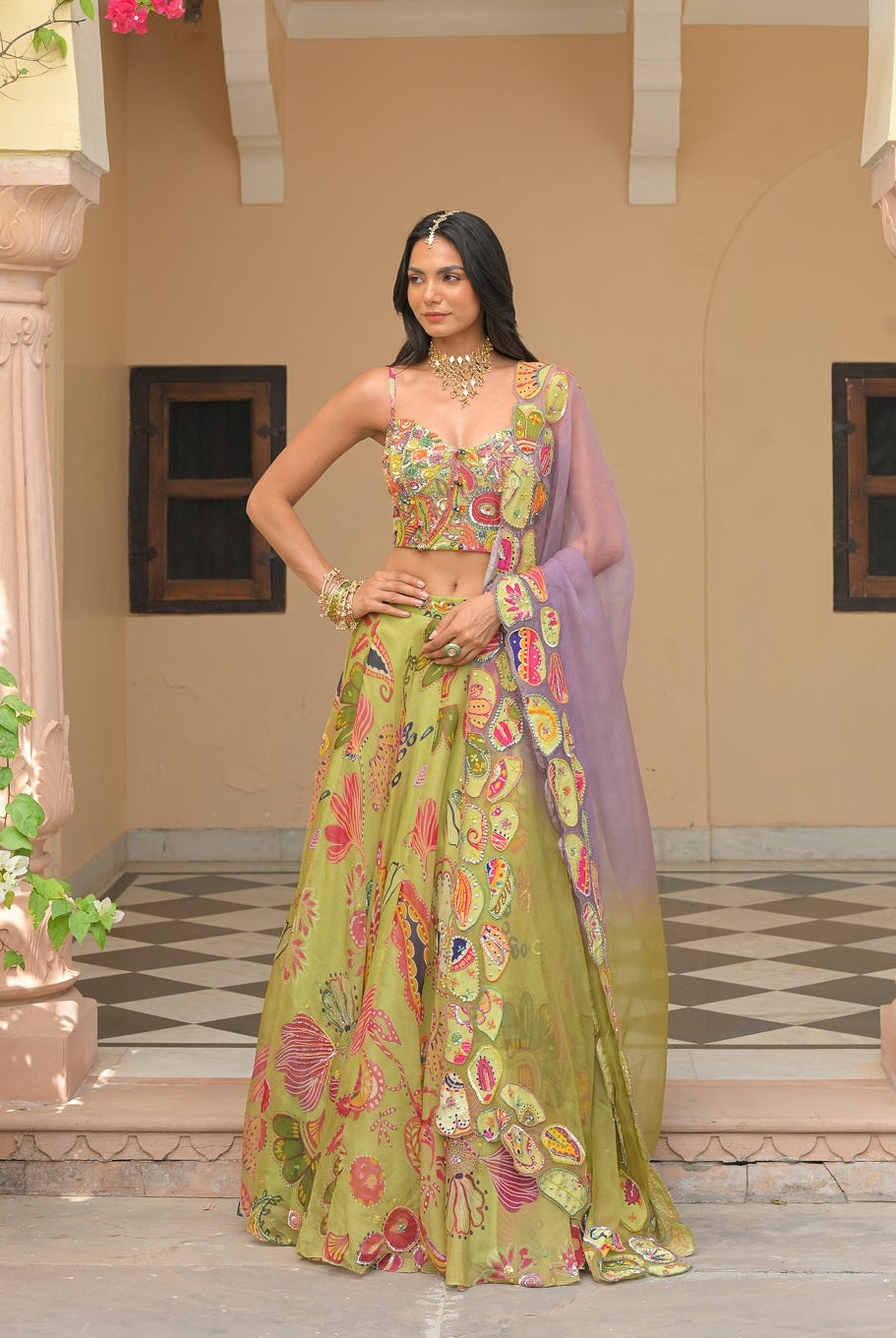 Olive Bloom Lehenga with Corset and Shaded Applique Dupatta