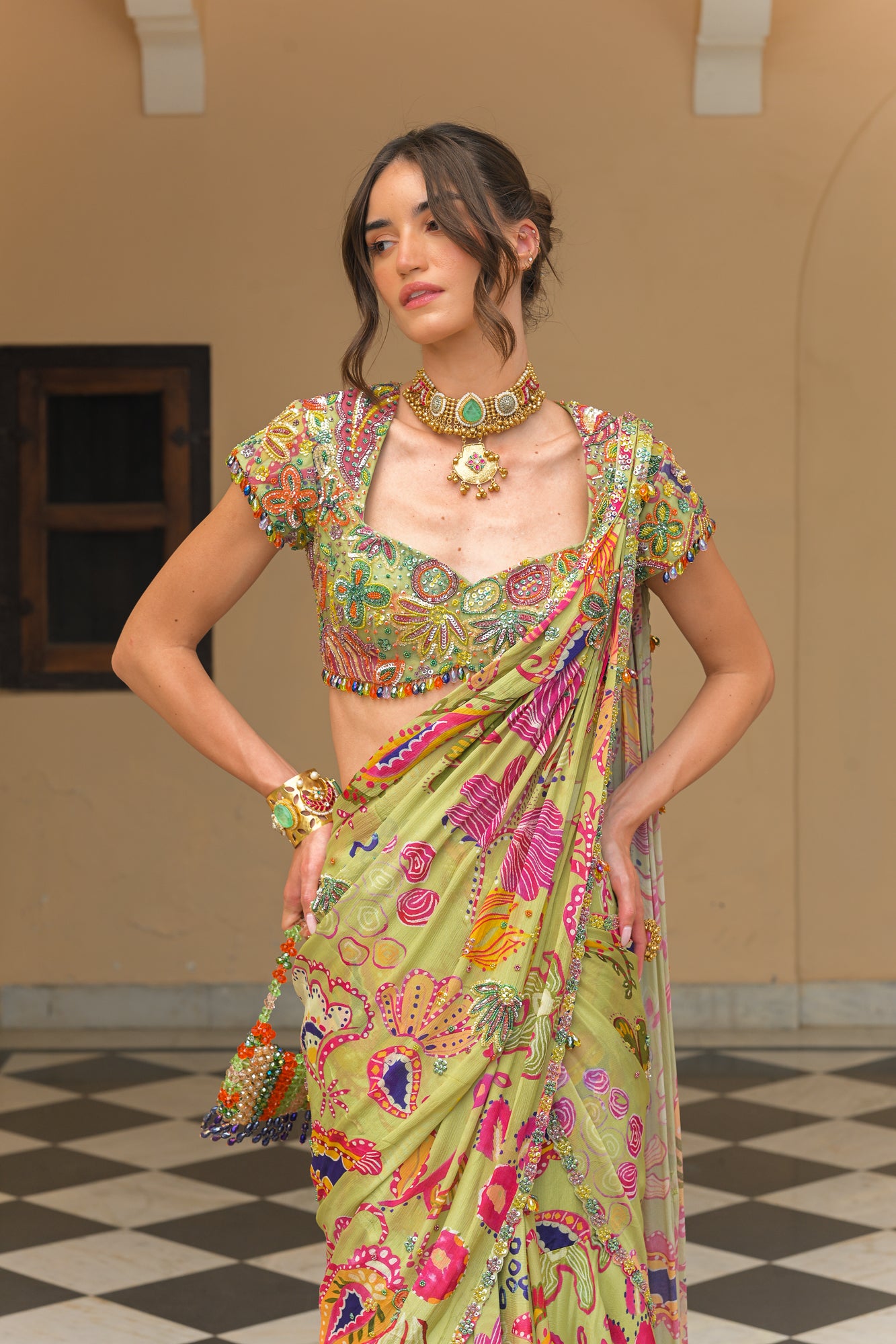 Olive Bloom Prestitched Highlight Saree with Highlight Blouse