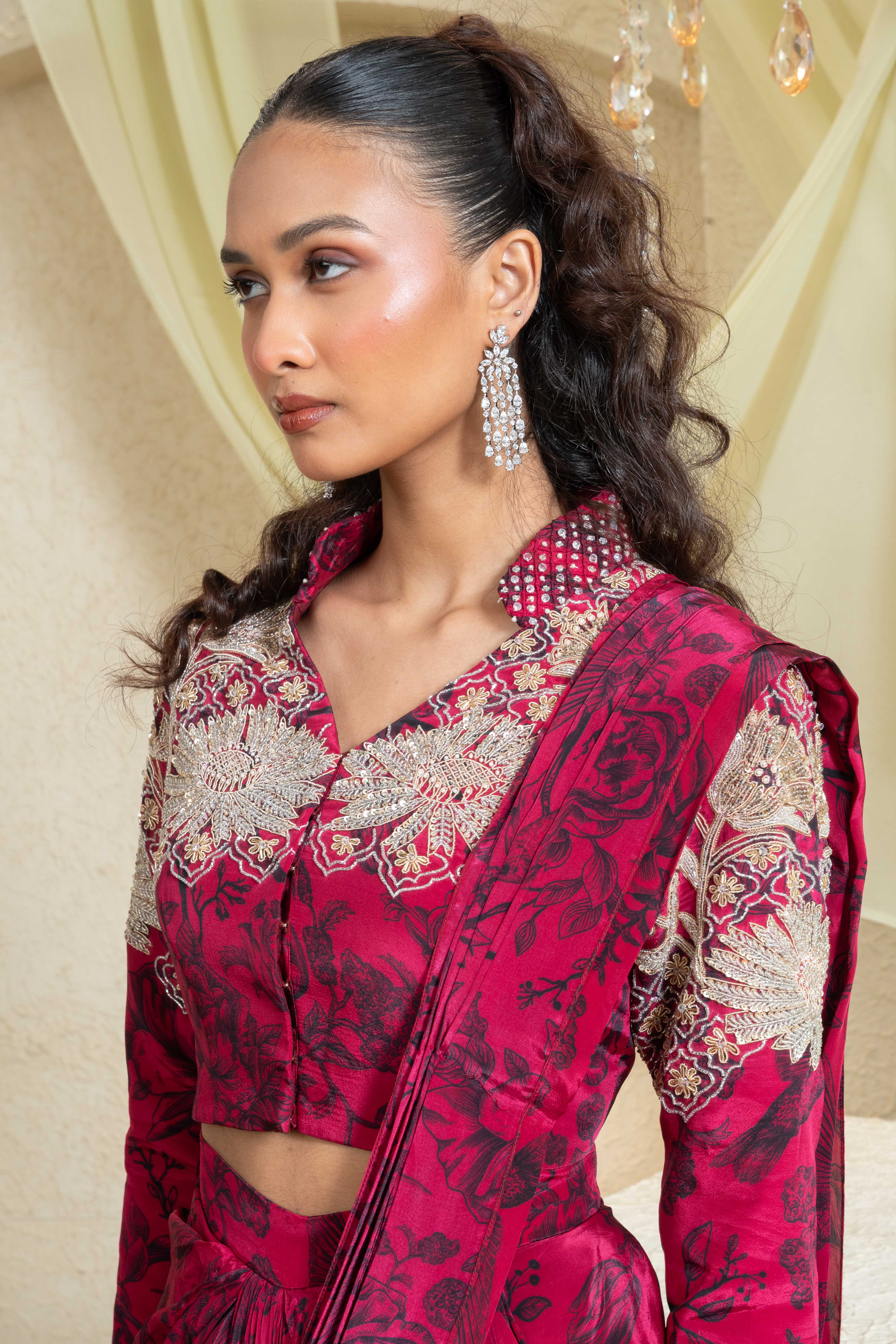 Shadow Rose Jacket Style Pre Draped Saree Set