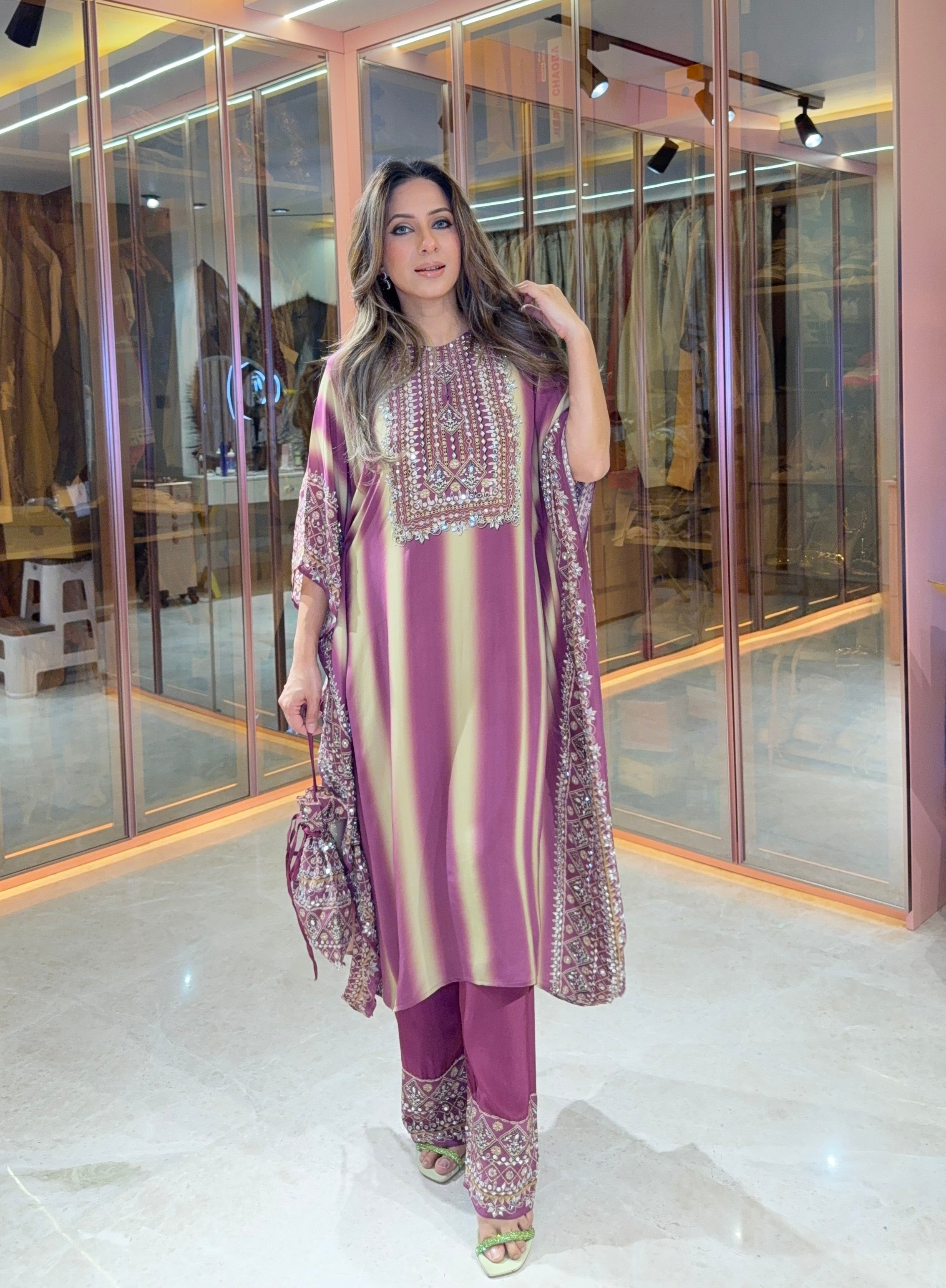 Aanchal Jain in Salma Sitara Black & Beige  Kaftan Set