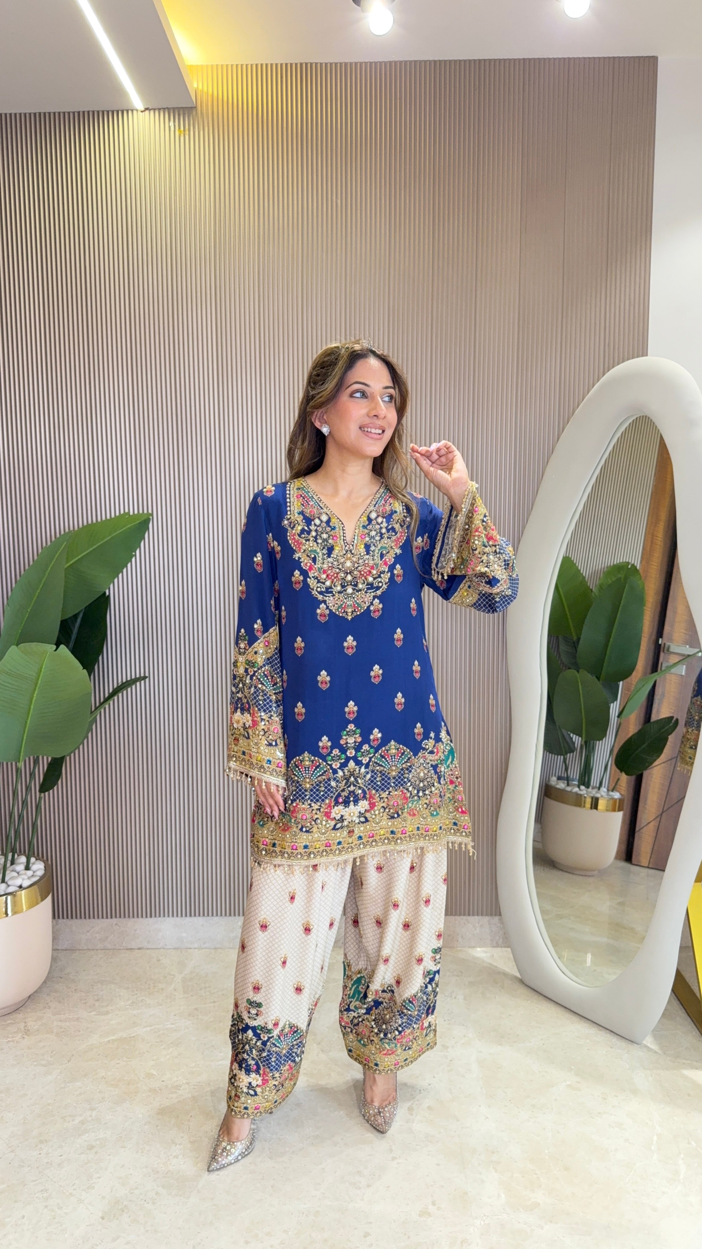 Rah Off White - Blue Kurti with Farshi Salwar & Dupatta