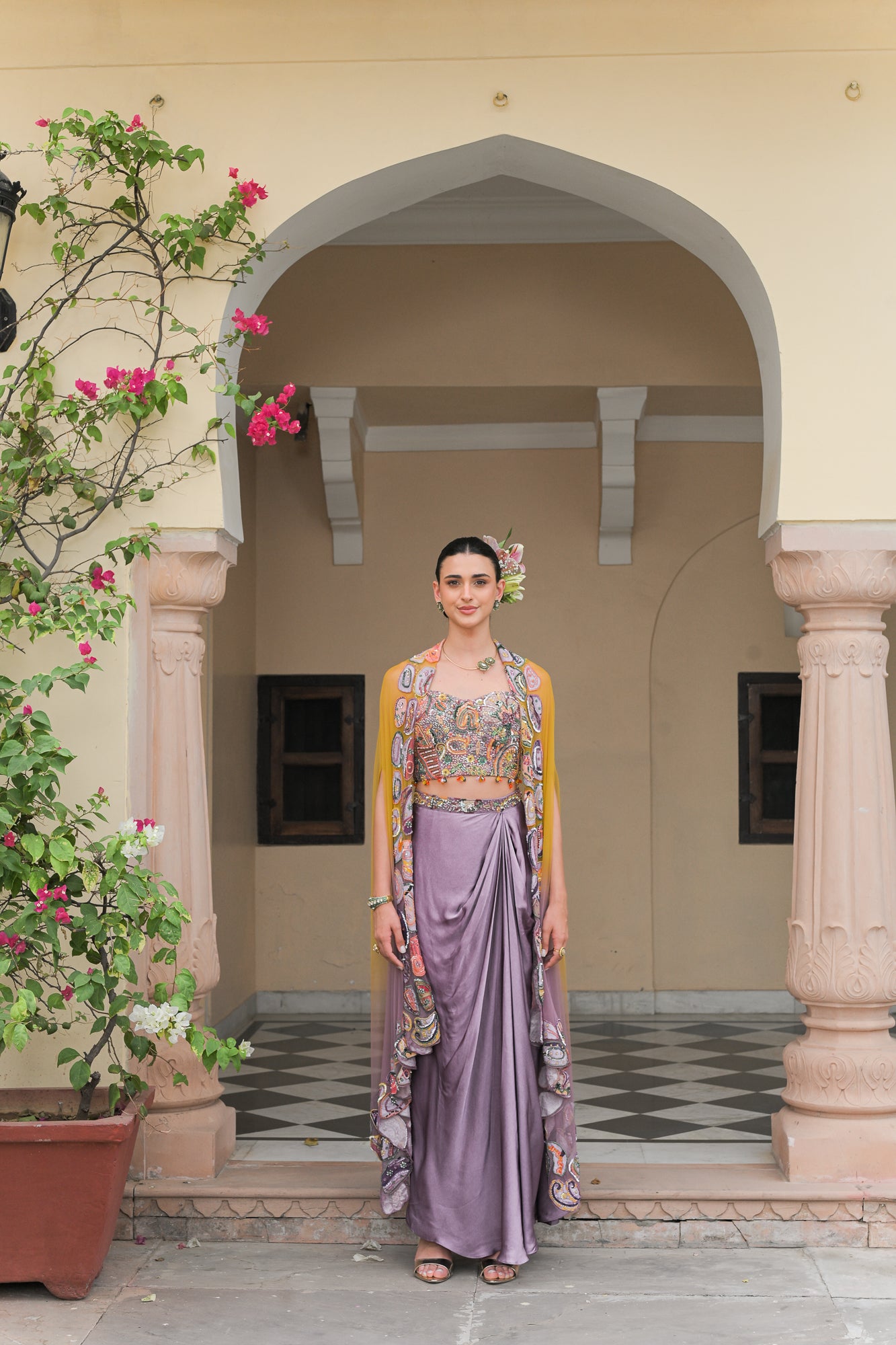 Violet Corset Blouse with Cowl Skirt and Dual Applique Cape Set