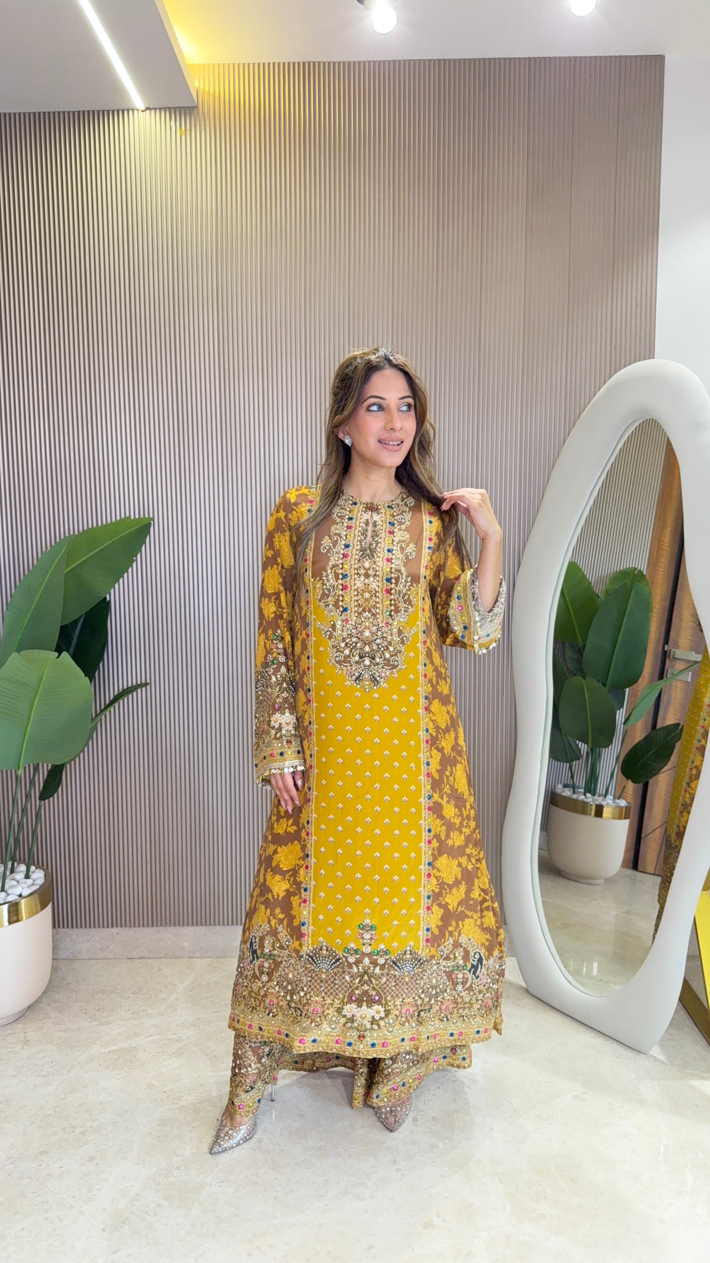 Rah Yellow - Brown A line Kurta with Palazzo & Dupatta