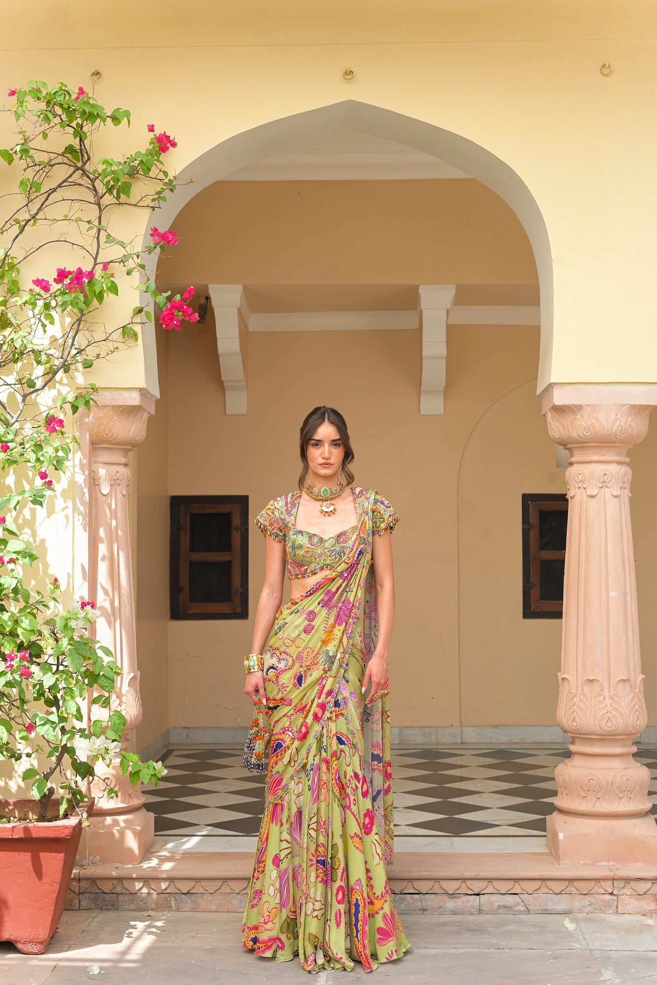 Olive Bloom Prestitched Highlight Saree with Highlight Blouse