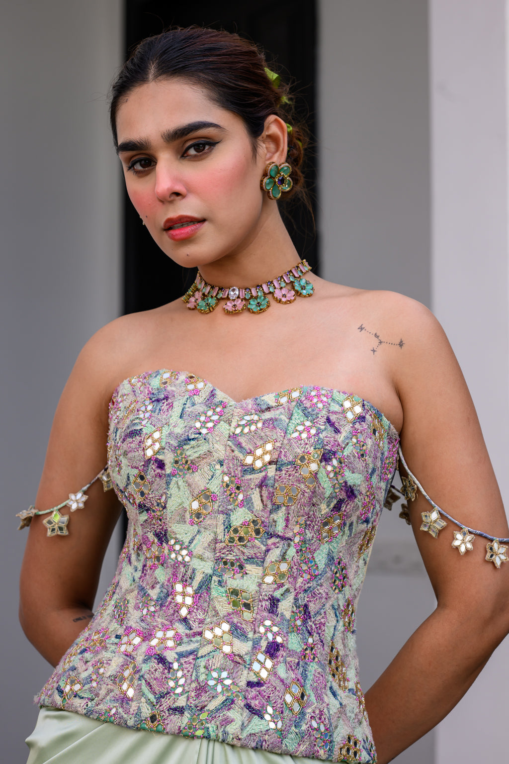 EDEN TEXTUDAWN CORSET WITH MIRROR WORK PAIDAWN WITH DHOTI SKIRT