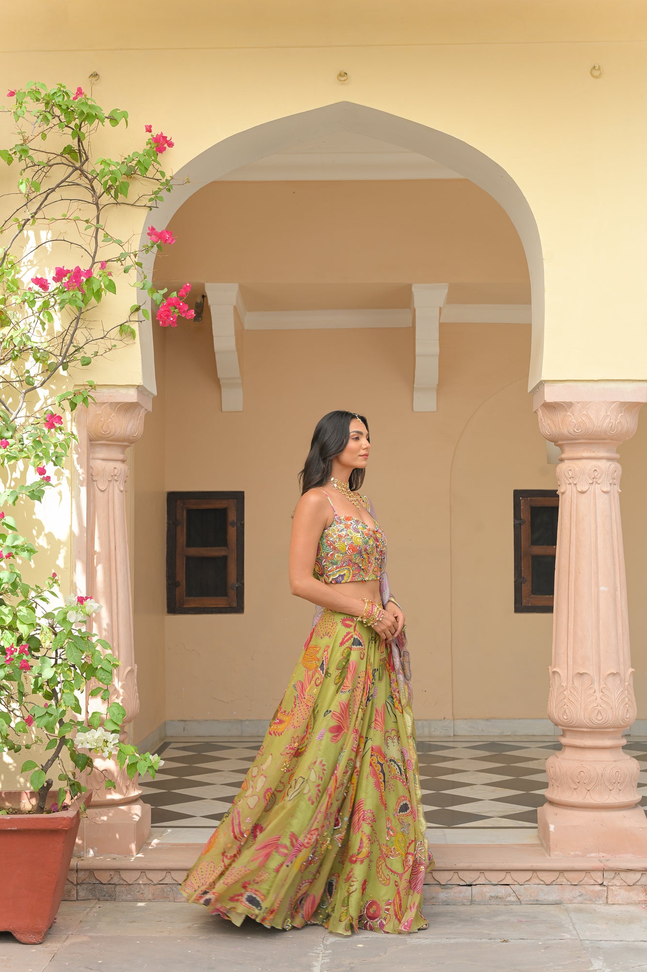 Olive Bloom Lehenga with Corset and Shaded Applique Dupatta