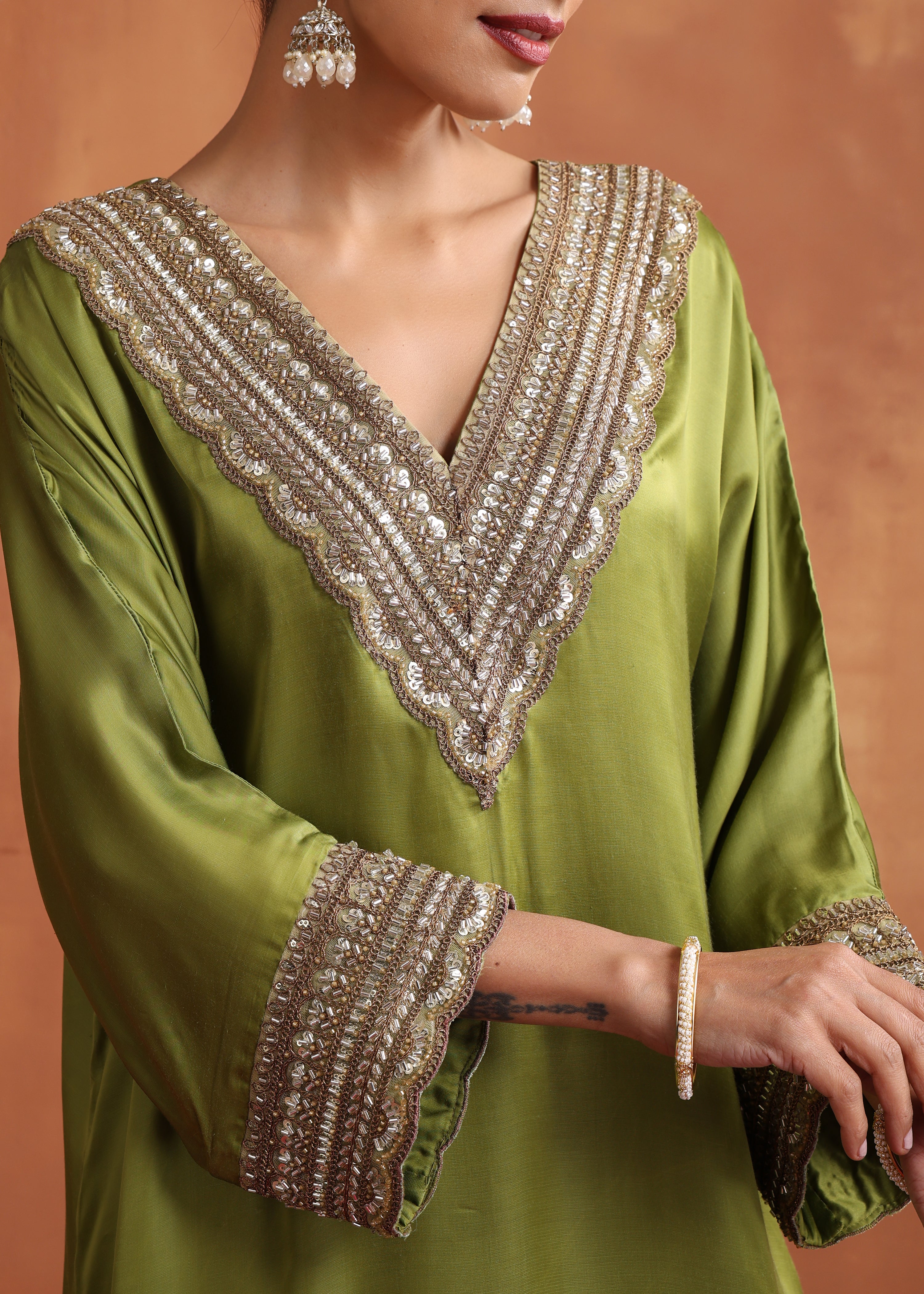 Aanchal Jain in Olive Green Hand embroidery Phiran  Kurta Set