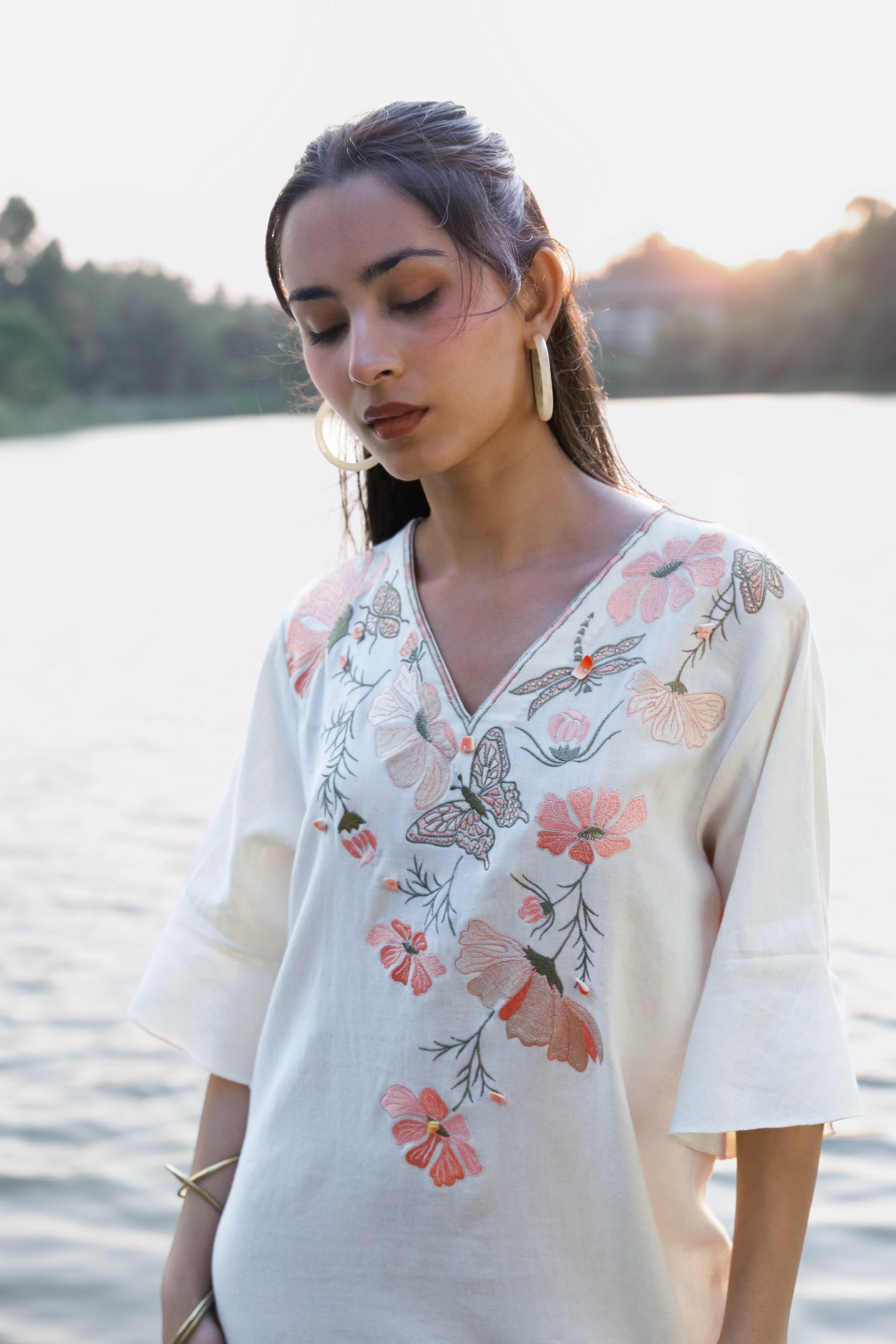 Floral Embroidered Short Kaftan Dress