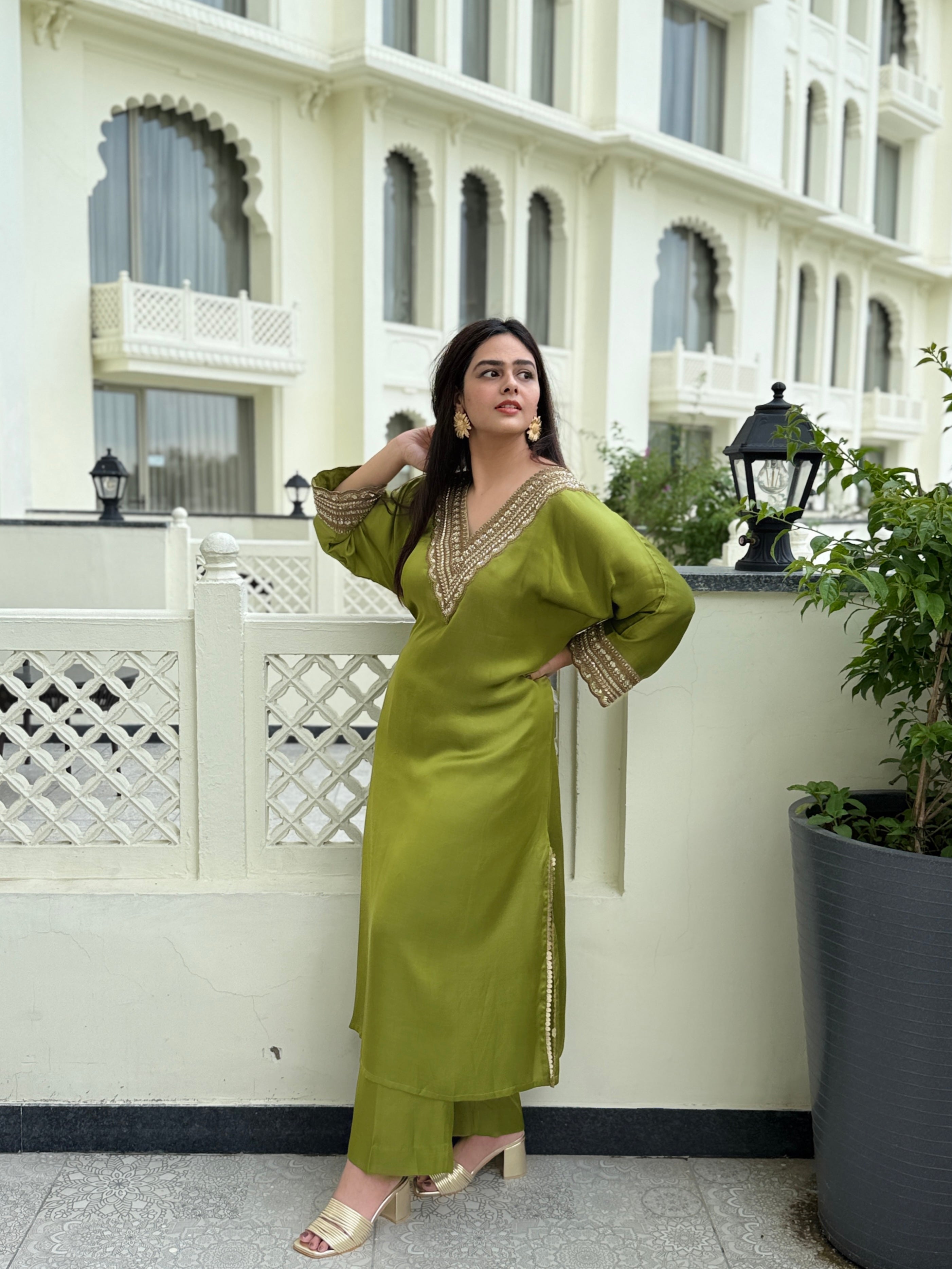 Aanchal Jain in Olive Green Hand embroidery Phiran  Kurta Set