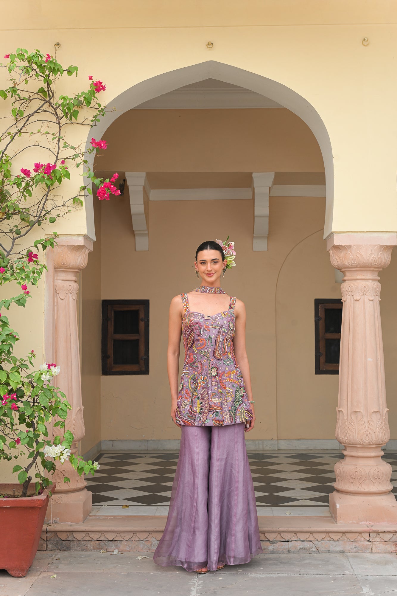 Violet Bloom Embroidered Kurta with Kali Panel Pants & Neck Tassel Dupatta