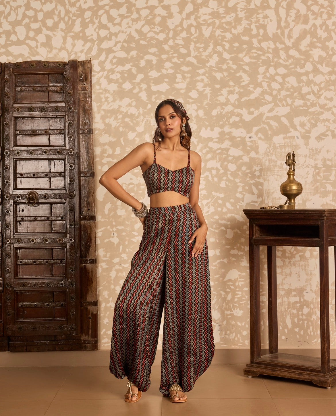 Ajrakh Long Jacket with Bralette & Drape Pants Set