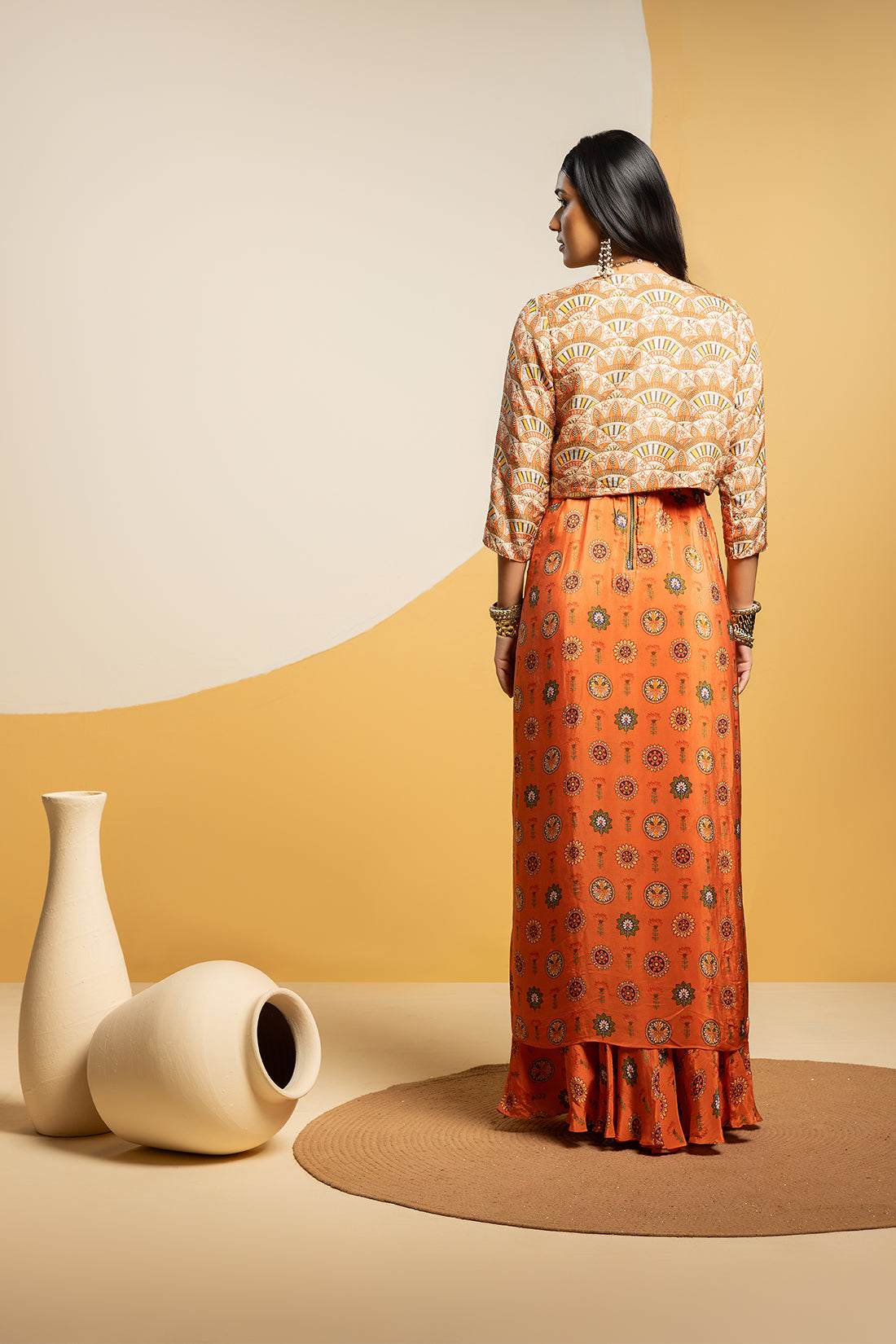 TAARANI RUST EMBELLISHED LONG DRAPE DRESS SET