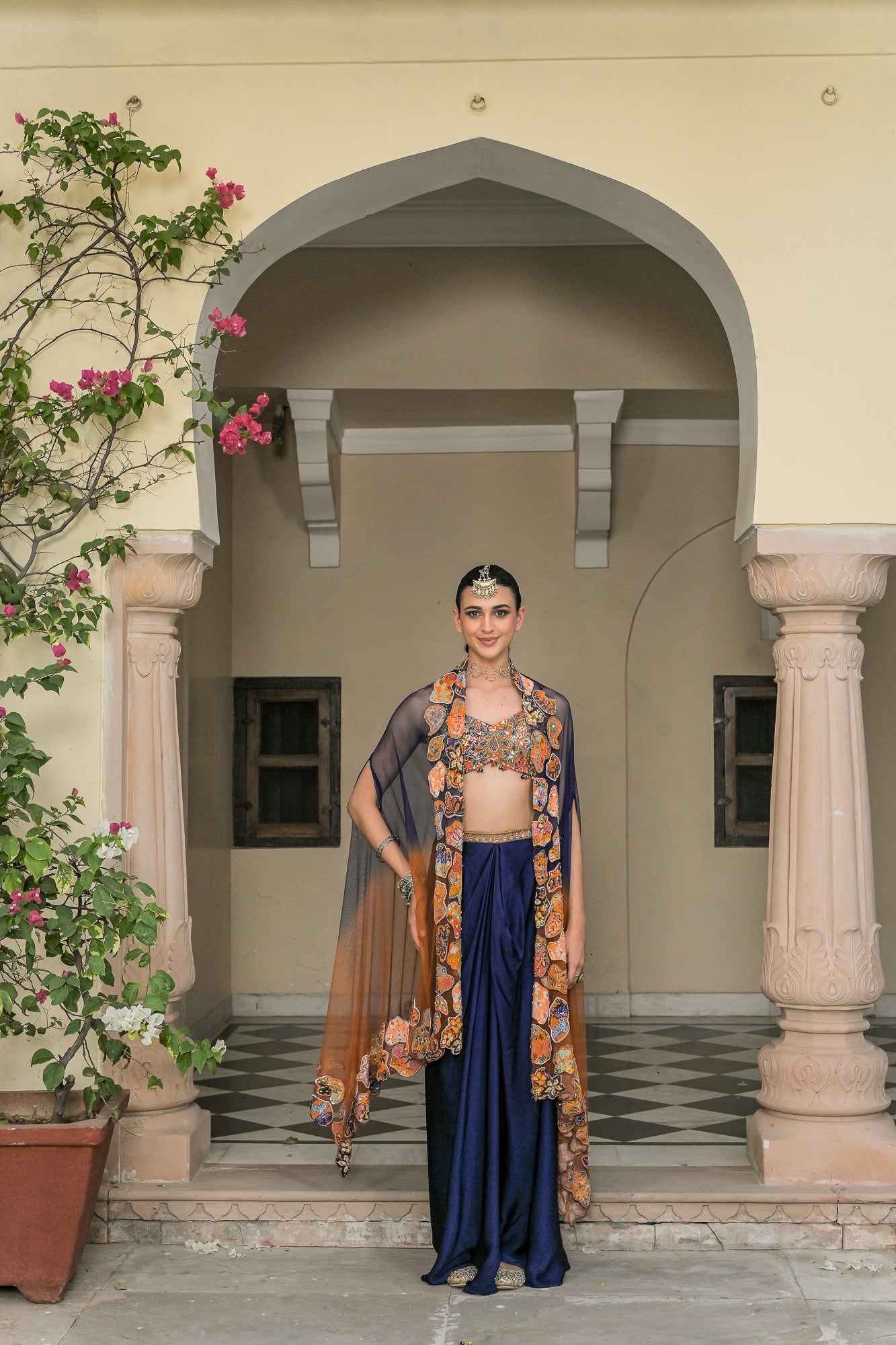 Amber Bloom Embroidered Bralette with Cowl Skirt and Dual Applique Cape Set