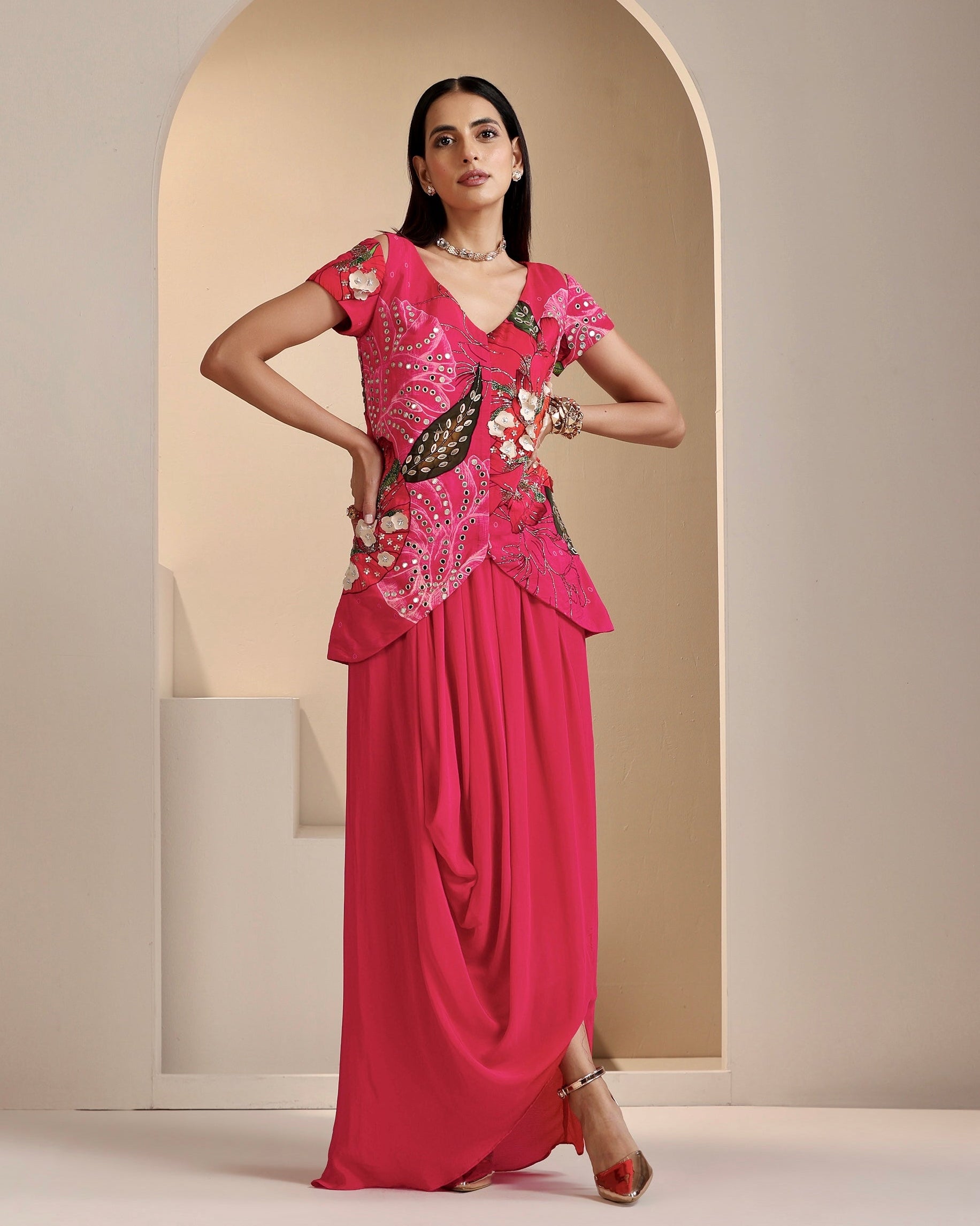 Safaa Hand Embroidered Jacket with Draped Skirt