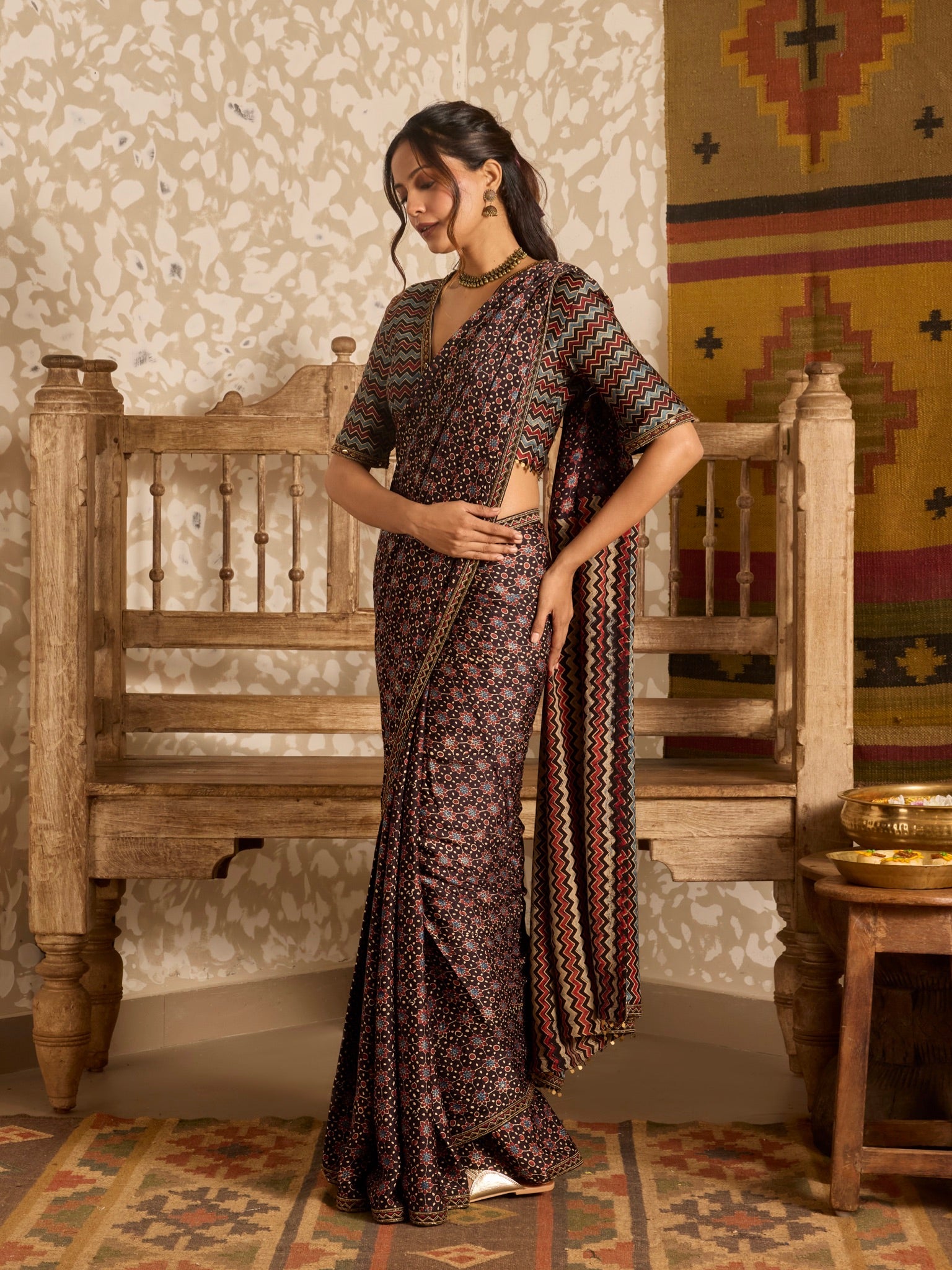 Ajrakh Deep neck Blouse with Saree