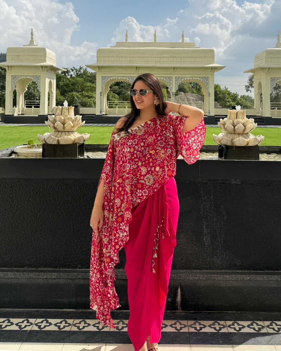 Gulabi Noor Pleated Skirt with Asymmetric Cape Set