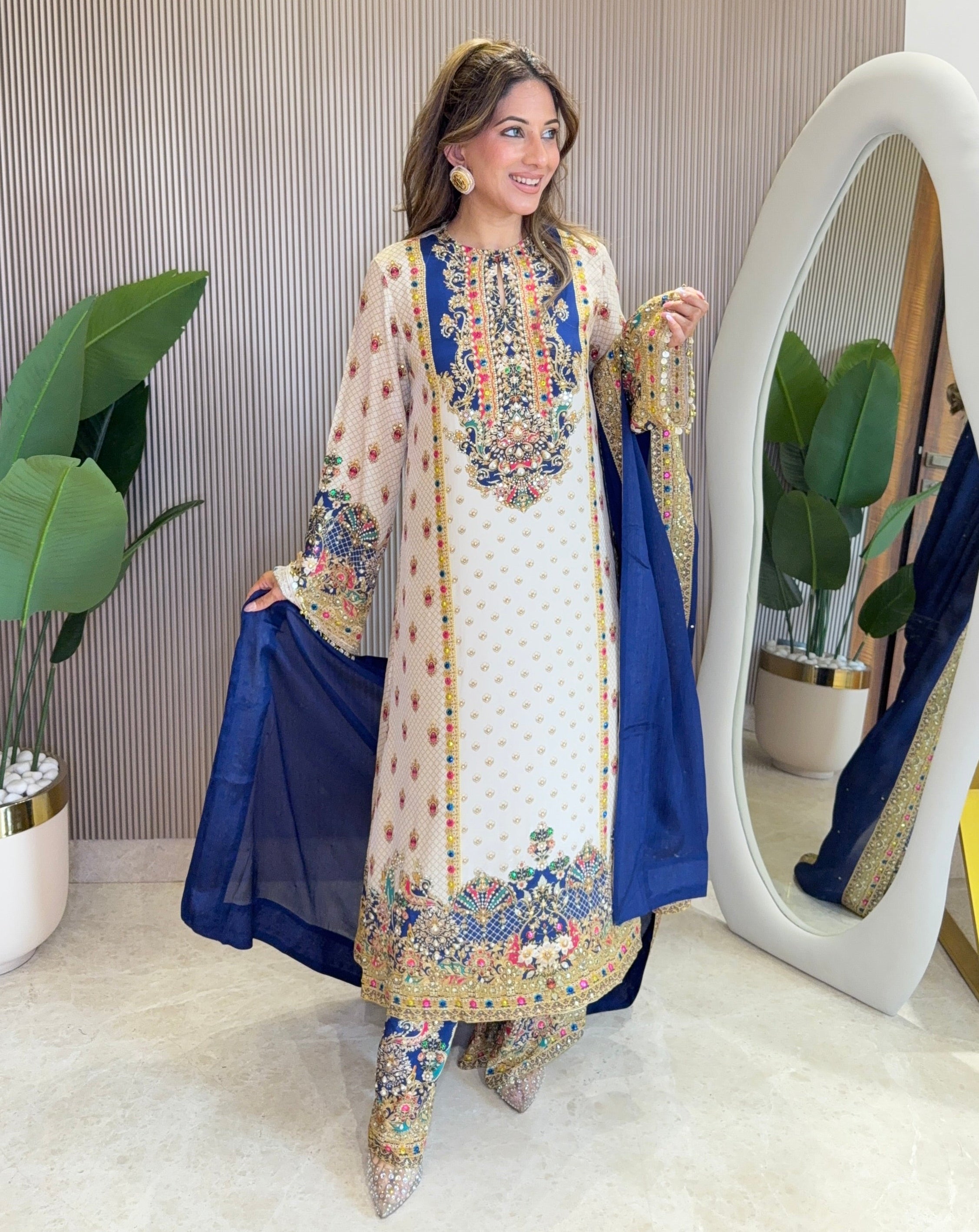 Rah Off White - Blue A line Kurta with Palazzo & Dupatta