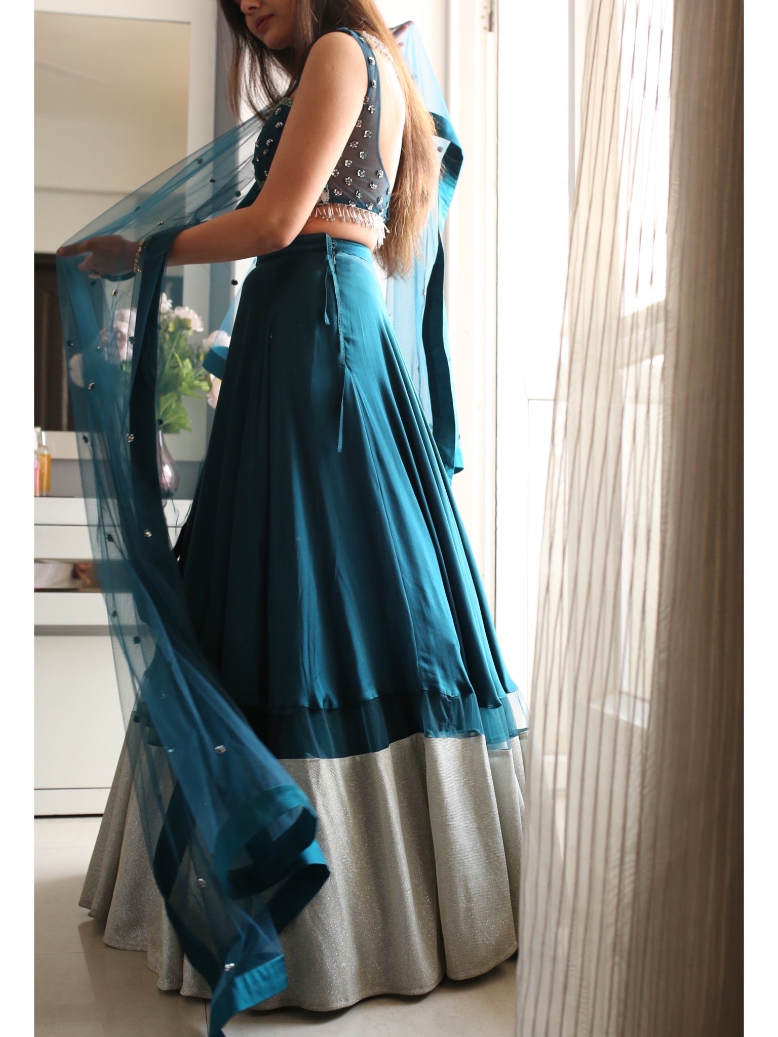 CLEARANCE SALE | MAHARANI TEAL LEHENGA SAREE SET