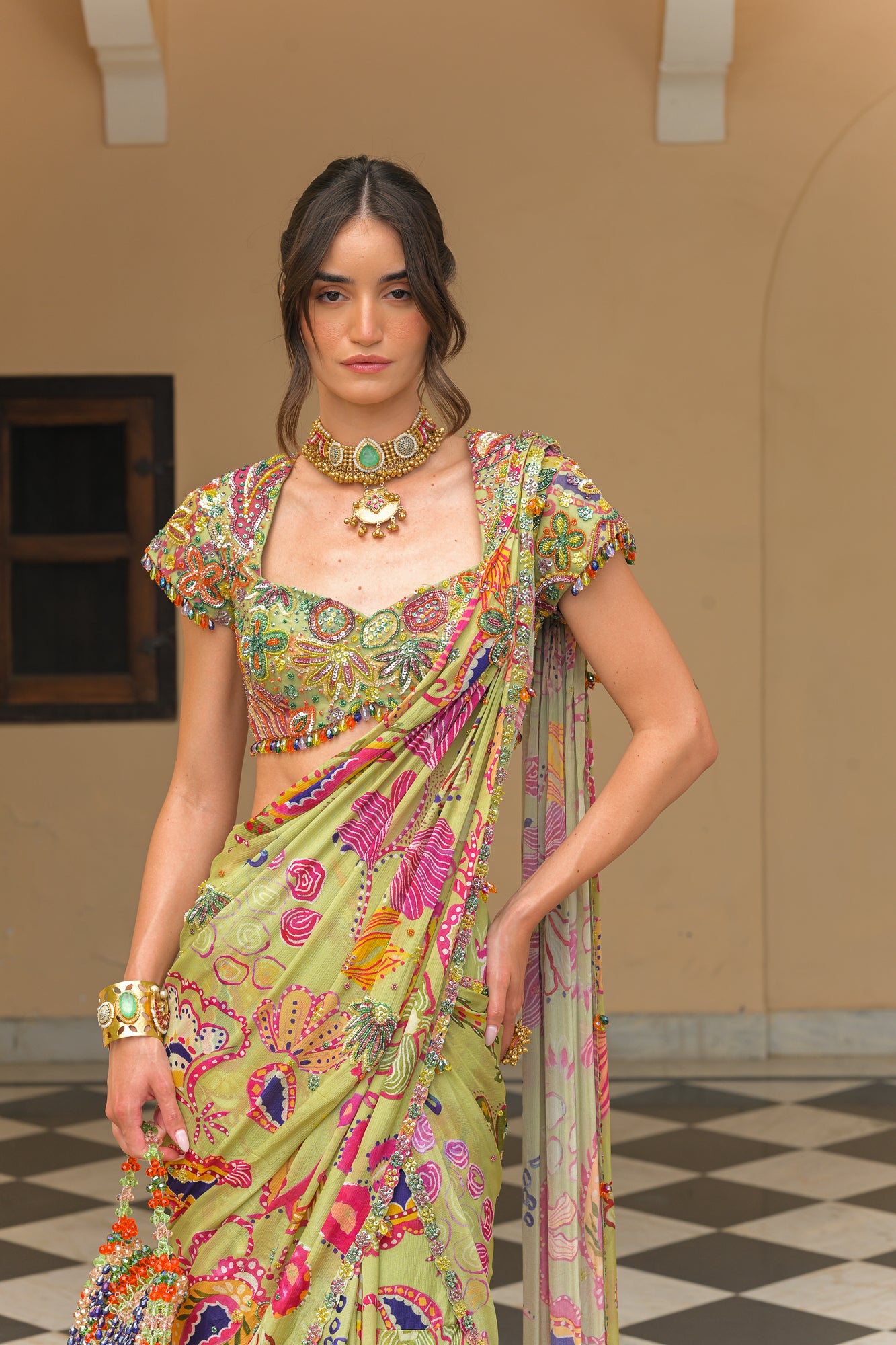 Olive Bloom Prestitched Highlight Saree with Highlight Blouse