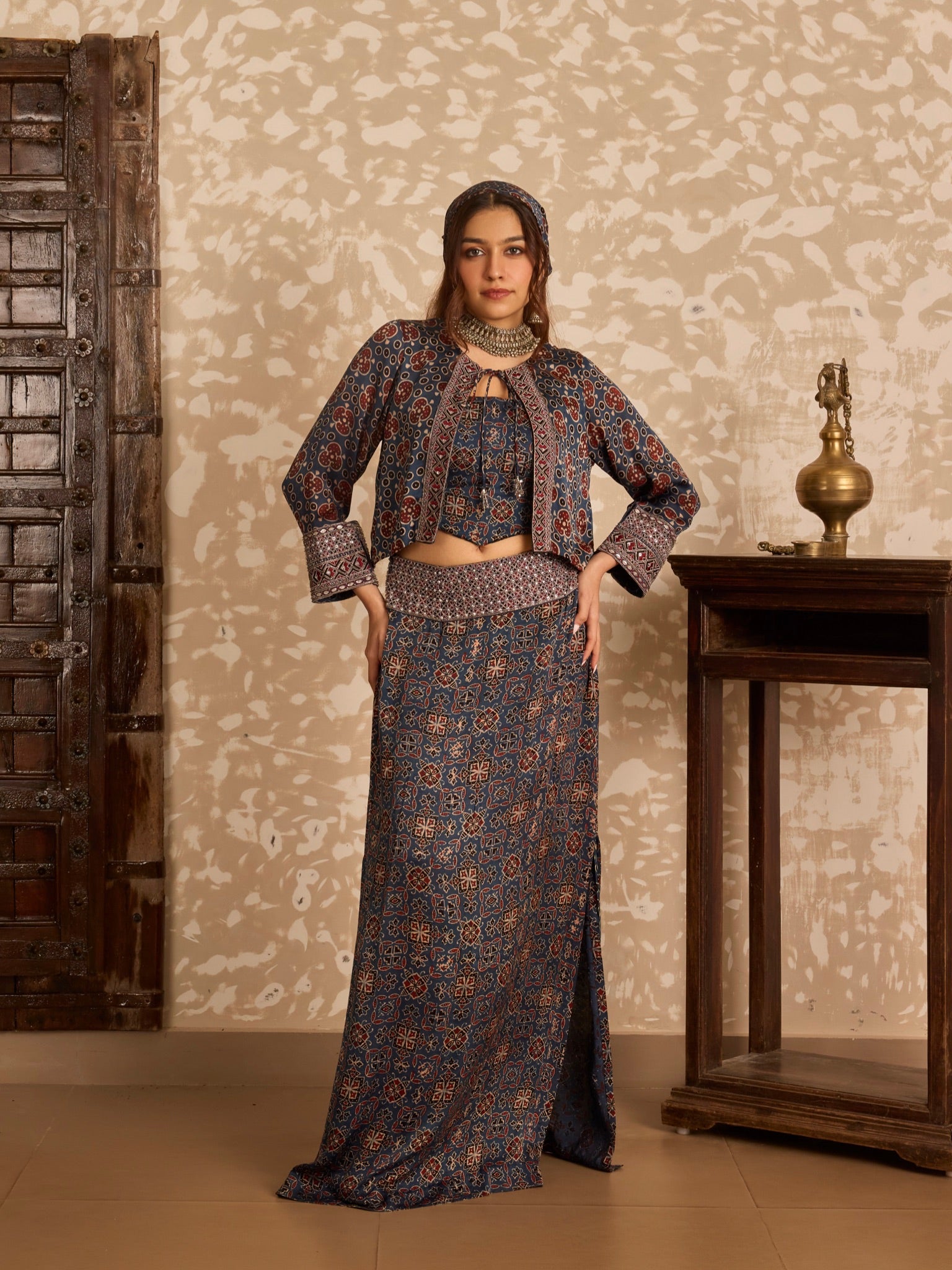 Ajrakh Short Jacket with Corset & Long Skirt Set