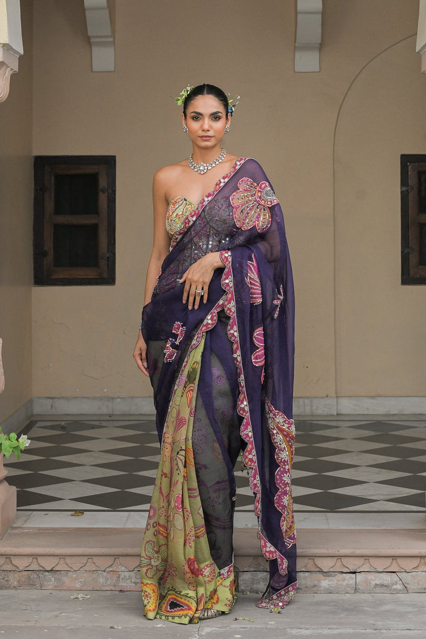 Violet & Olive Dual Saree Set with Patch Palla Mirror Work Highlight Corset