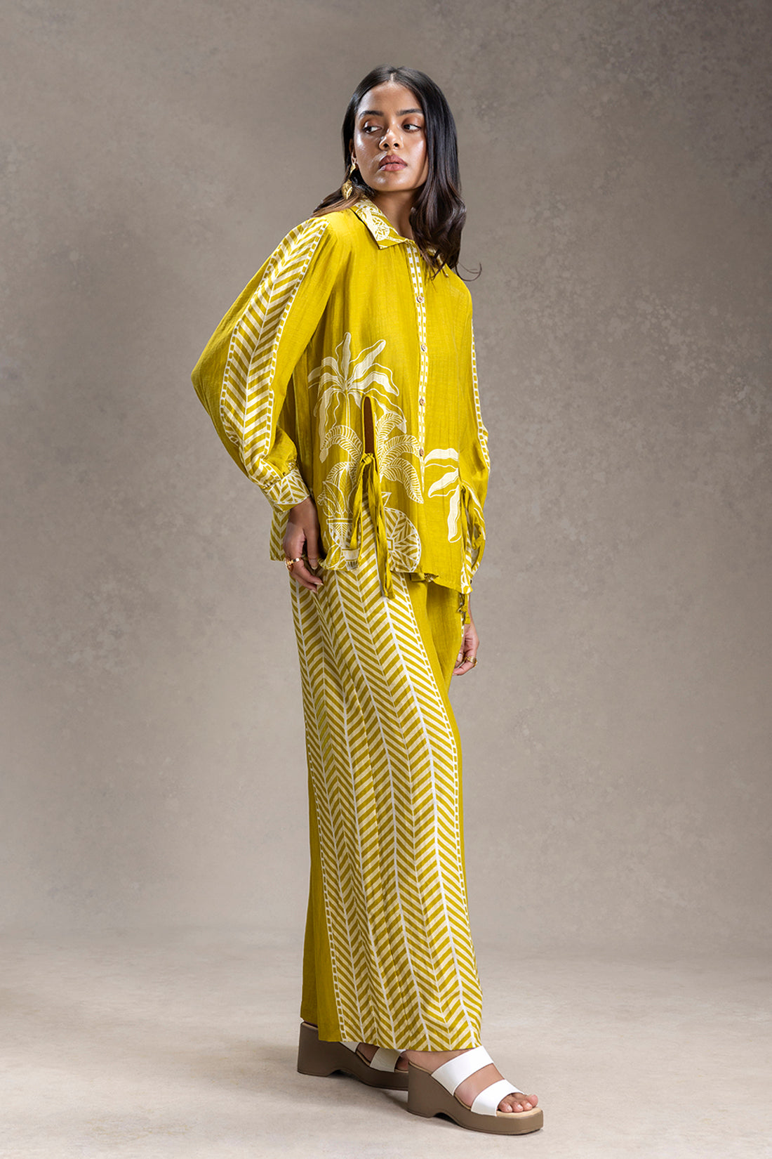 KYOMI MUSTARD PRINTED SLIT-DETAIL SHIRT AND PANTS