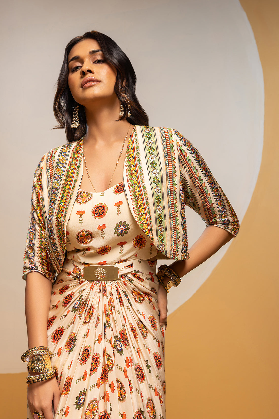 TAARANI OFF WHITE EMBELLISHED LONG DRAPE DRESS SET
