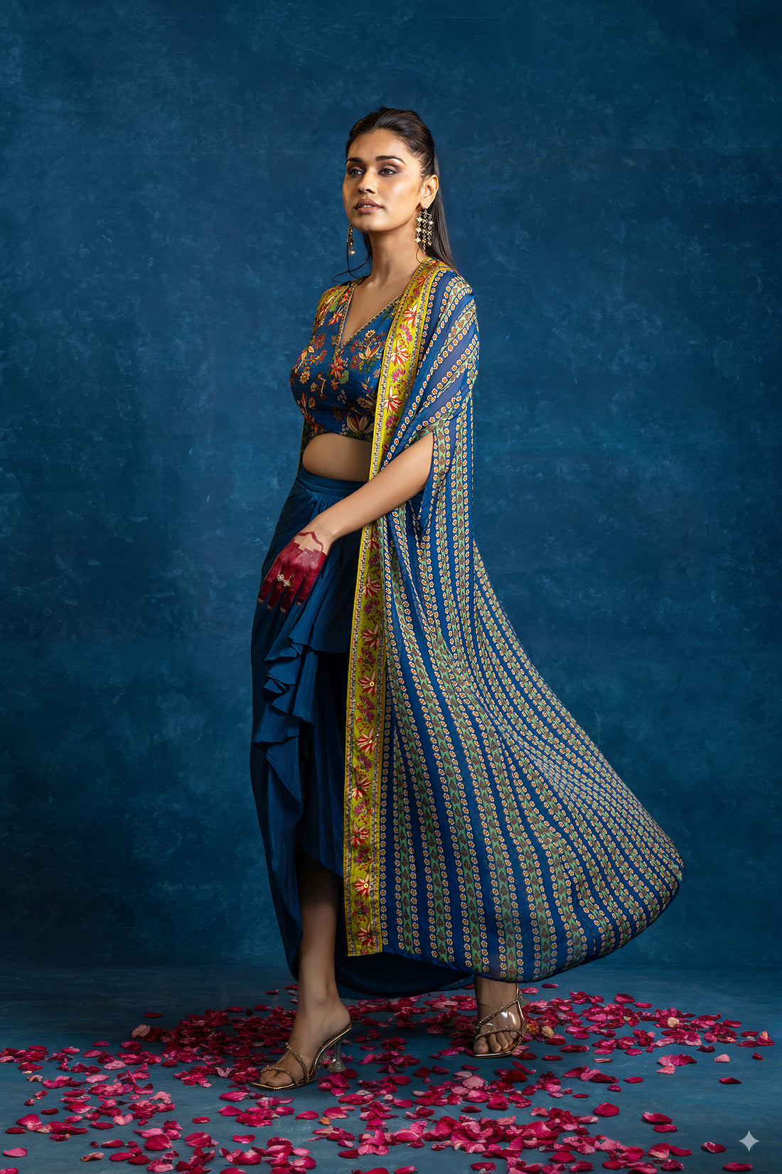 AARANI BLUE EMBELLISHED DRAPE SKIRT SET
