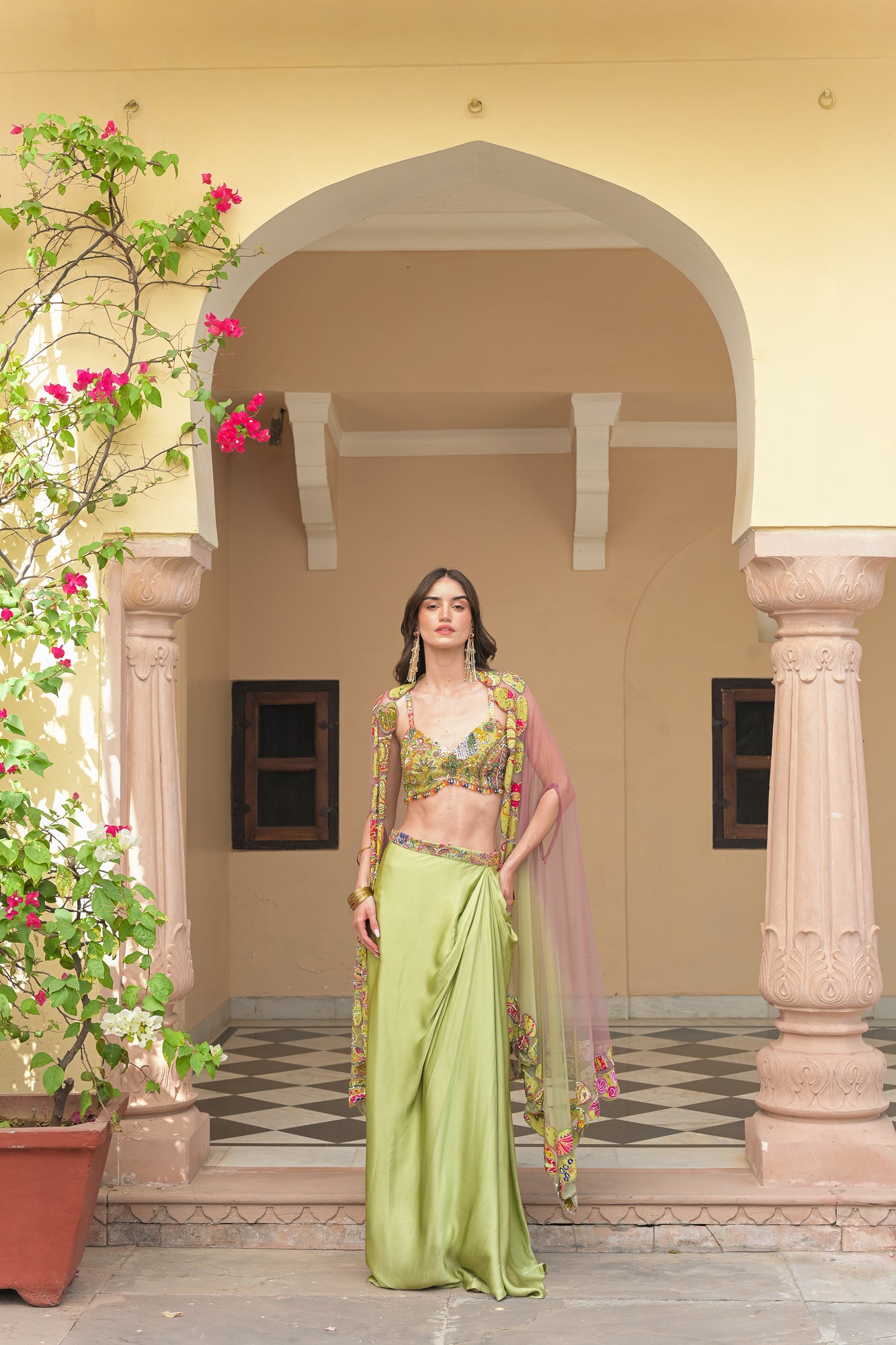 Olive Bloom Bralette with Cowl Skirt and Applique Cape Set
