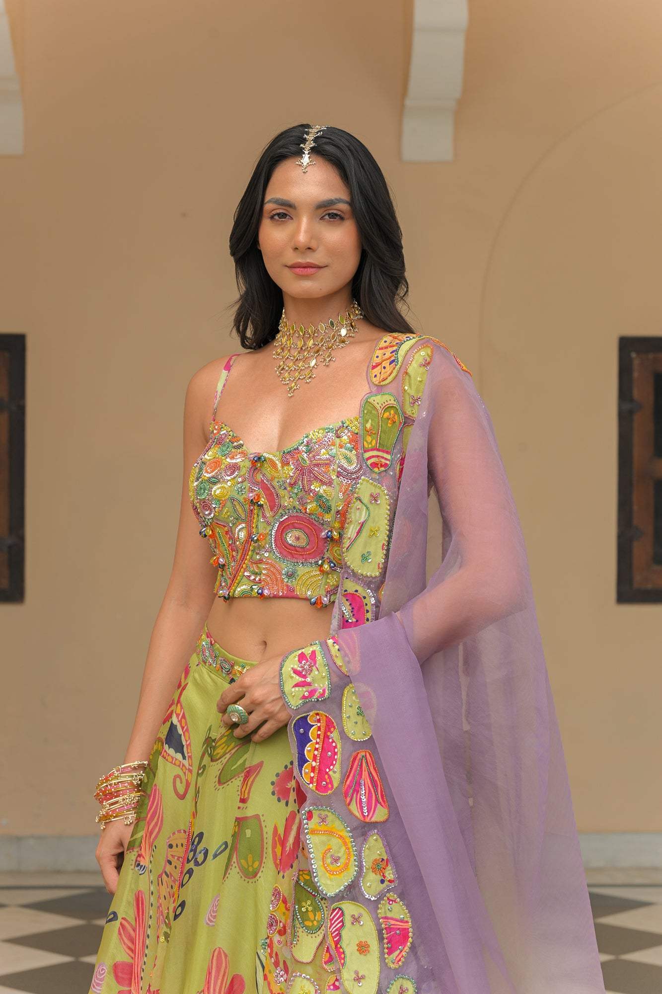 Olive Bloom Lehenga with Corset and Shaded Applique Dupatta