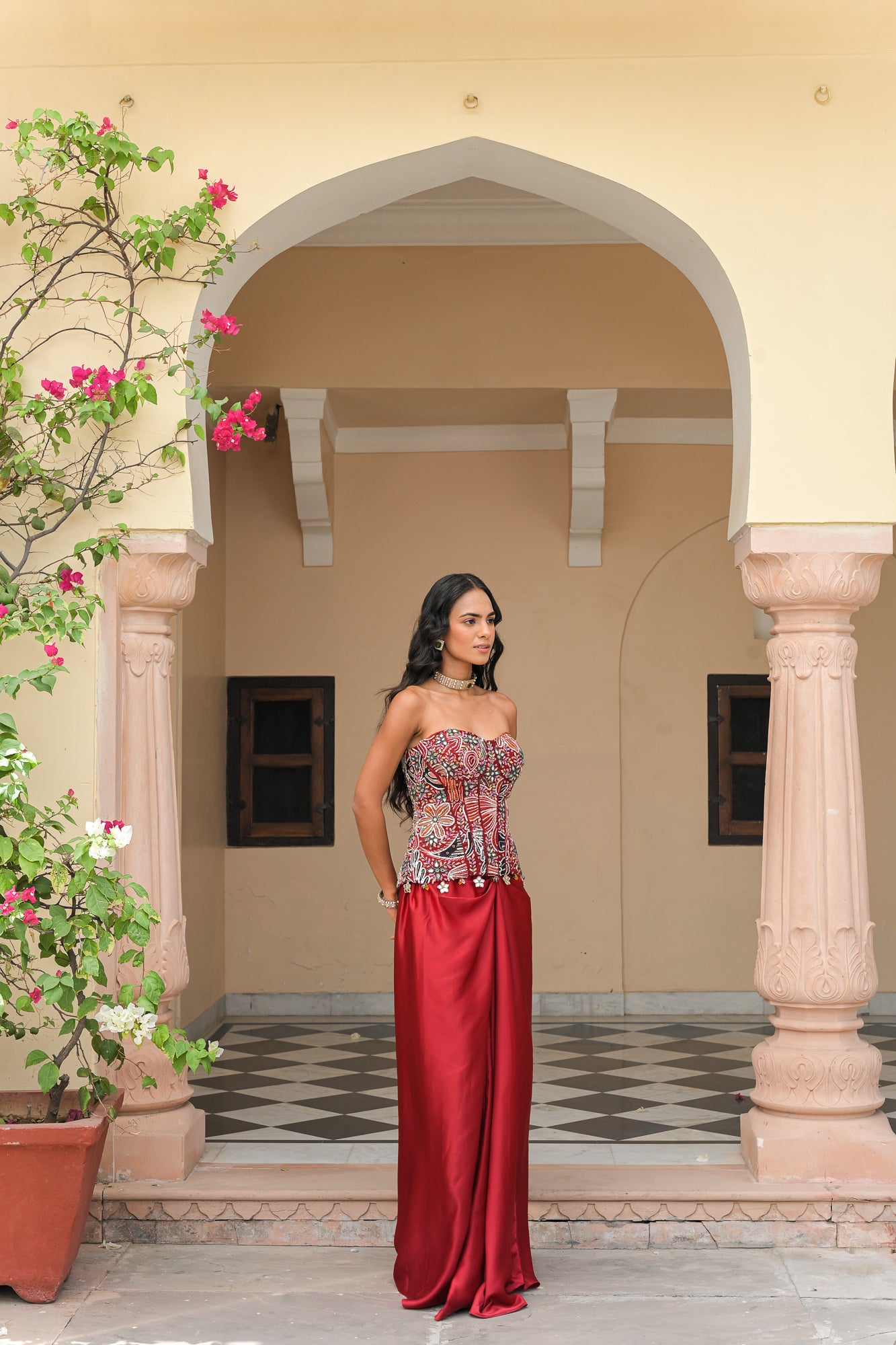 Scarlet Bloom Embroidered Corset with Throw Milano Skirt