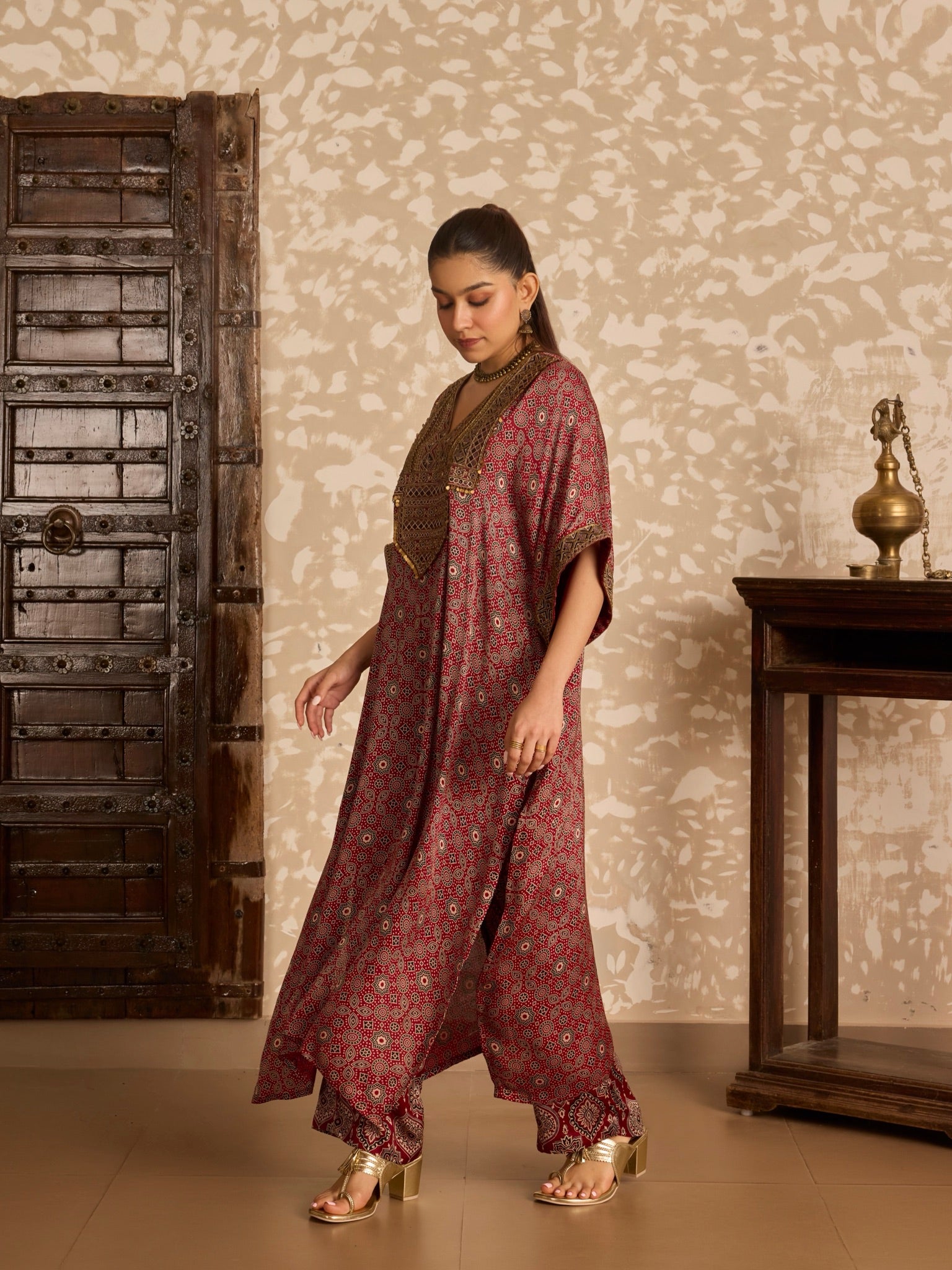 Ajrakh Red Long Kaftan Kurta set