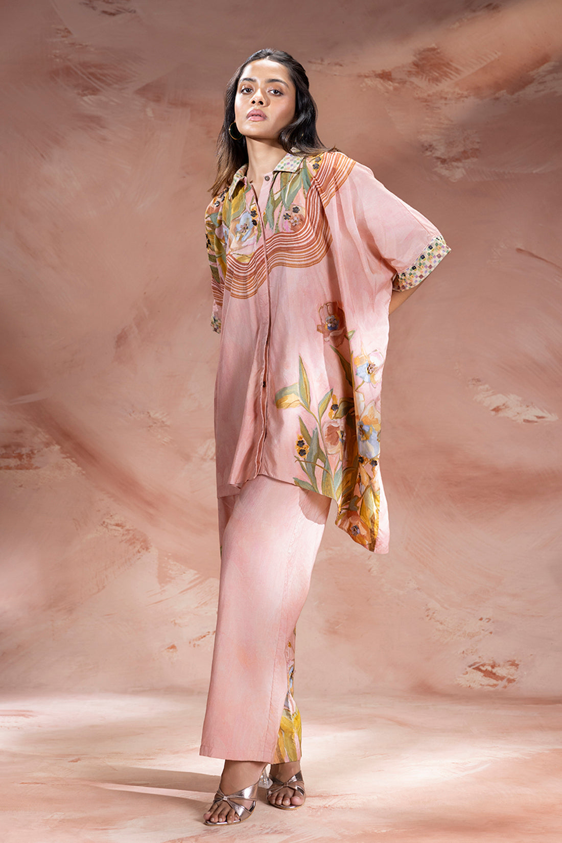 ZEYA PINK EMBELLISHED KIMONO TUNIC AND PANTS