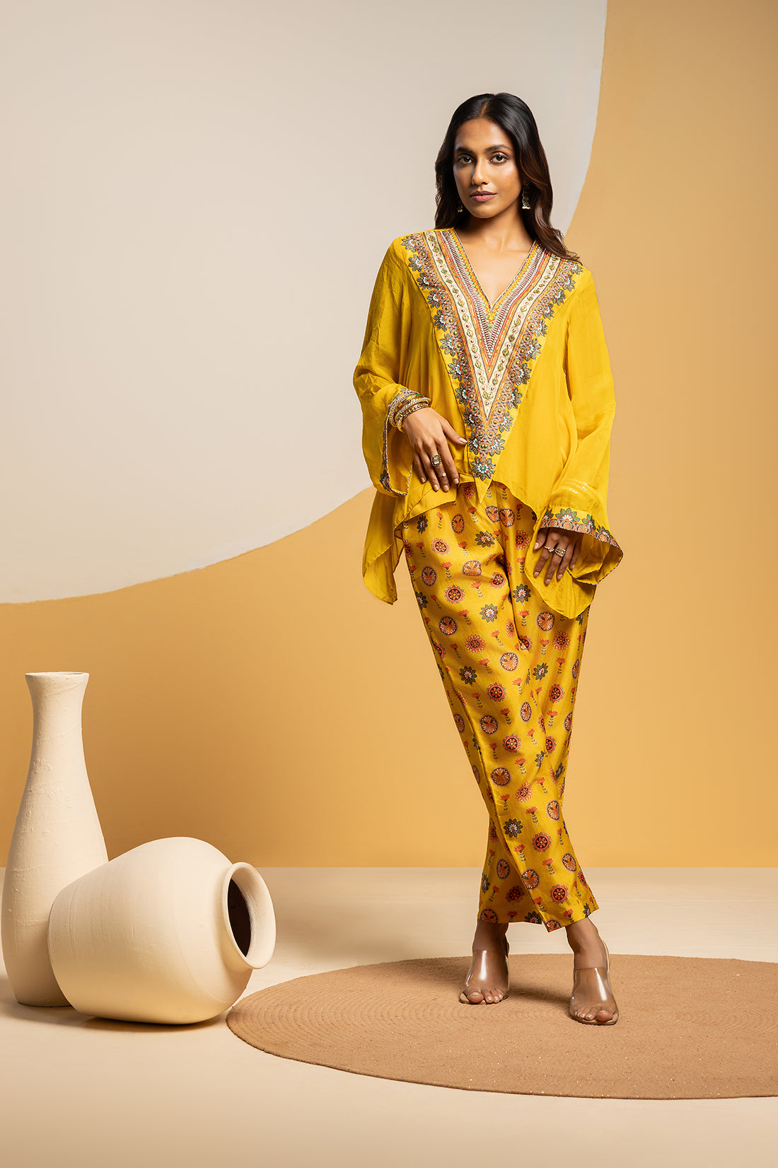 TAARANI YELLOW EMBELLISHED V NECK CO-ORD SET