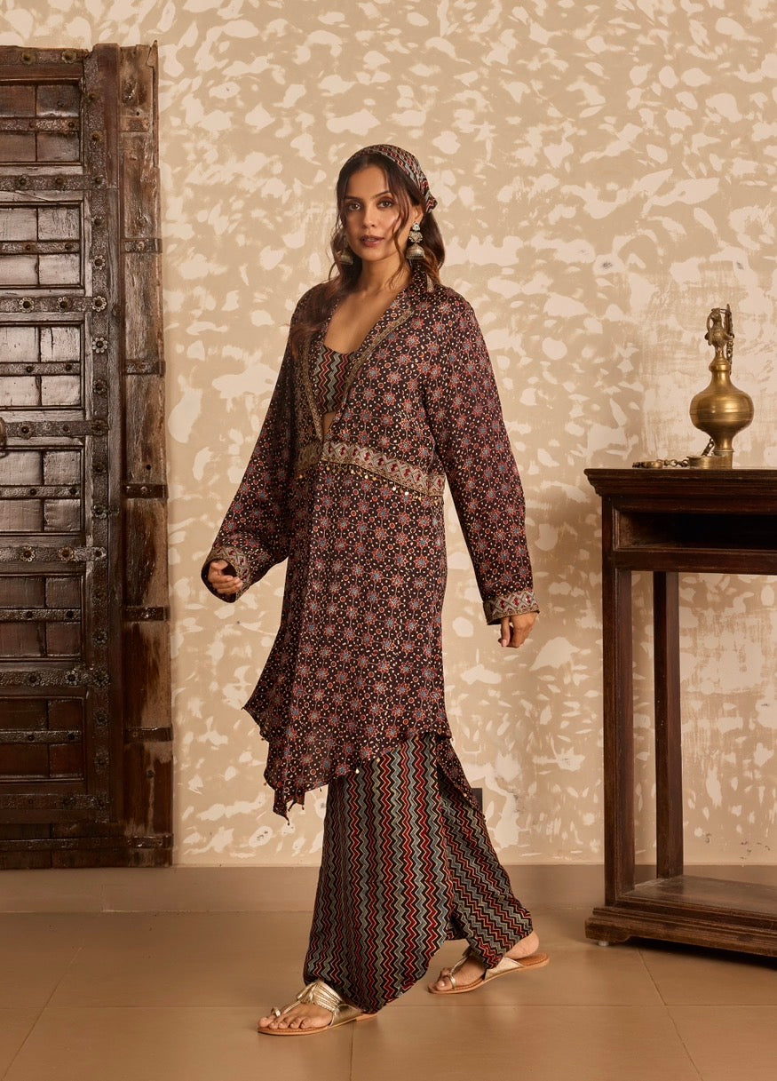 Ajrakh Long Jacket with Bralette & Drape Pants Set