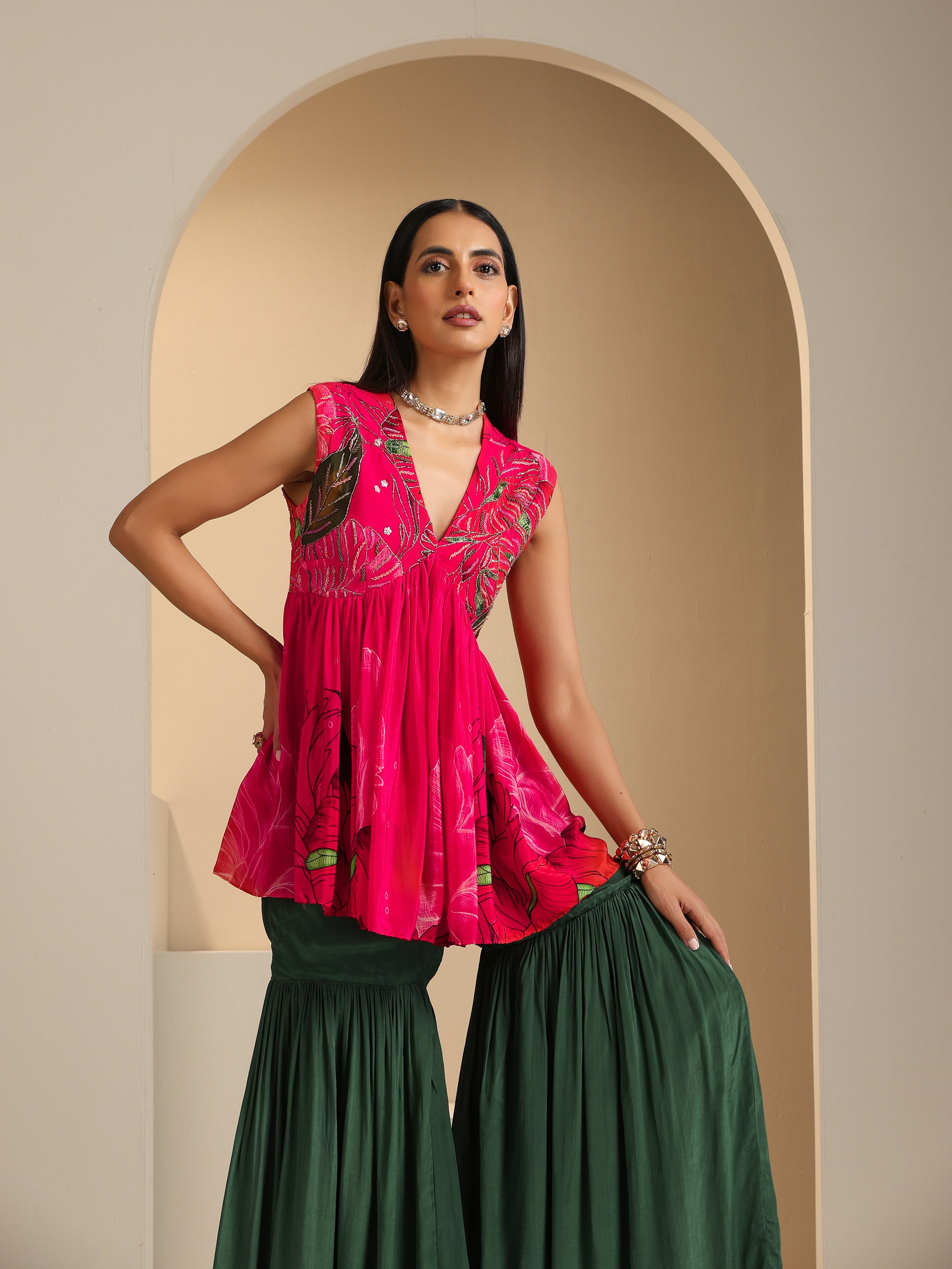Nargis Embroidered Peplum Top with Sharara Set