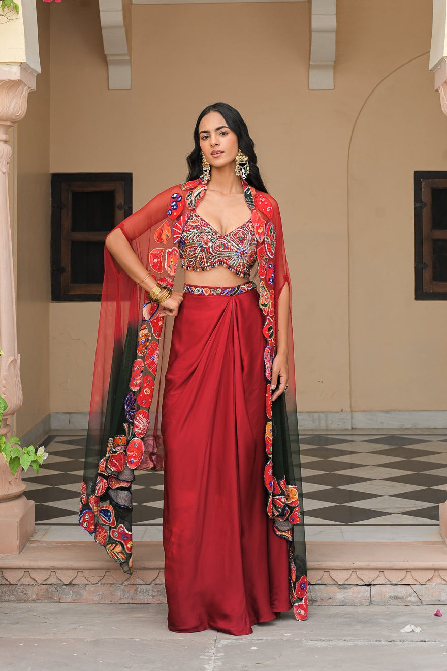 Scarlet Bloom Printed Highlight Bralette with Cowl Skirt and Dual Applique Cape Set