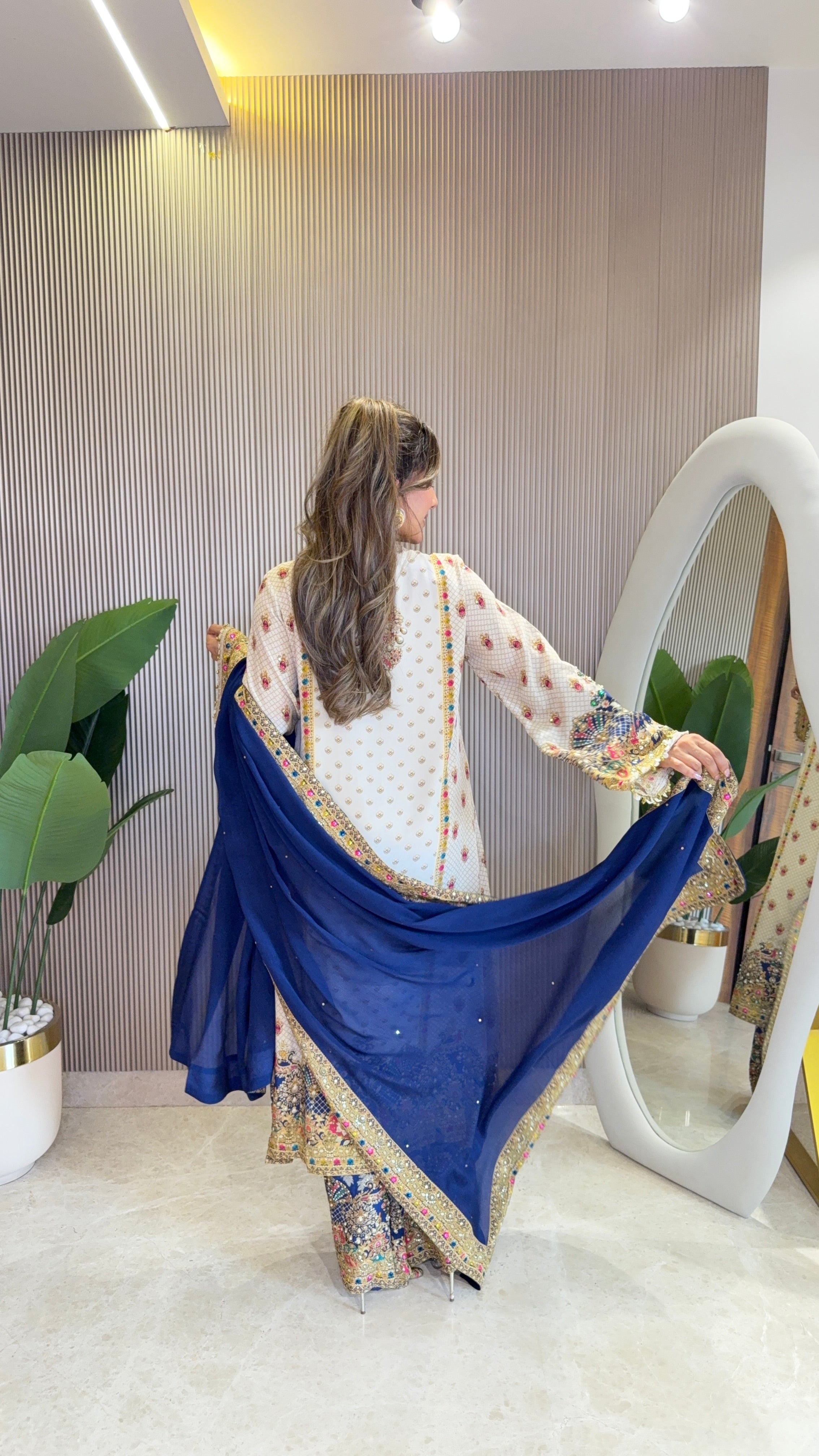 Rah Off White - Blue A line Kurta with Palazzo & Dupatta