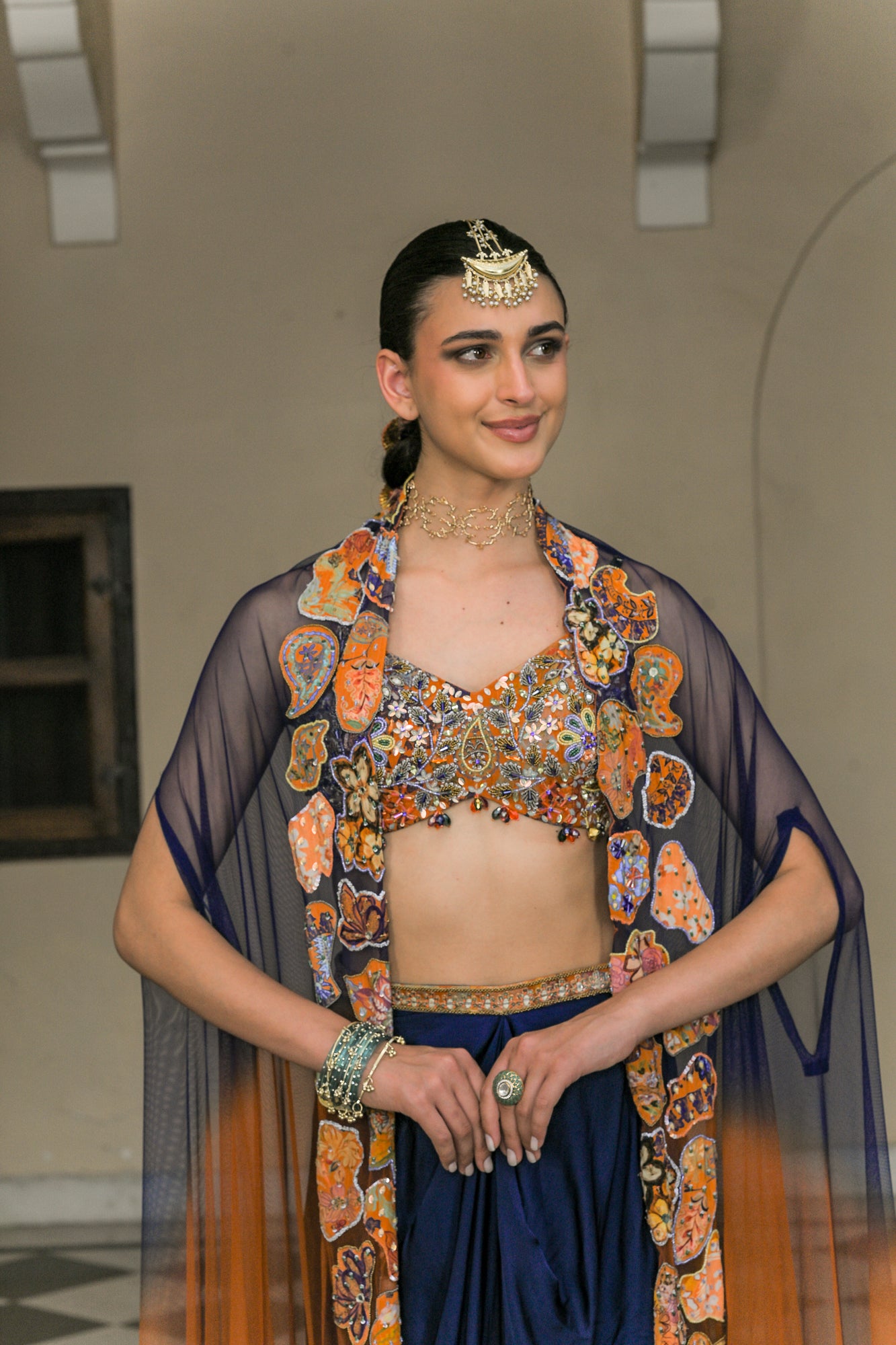 Amber Bloom Embroidered Bralette with Cowl Skirt and Dual Applique Cape Set