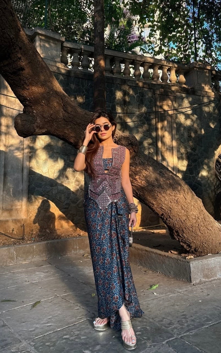 Ajrakh Tie Up Top with Drape Skirt Set