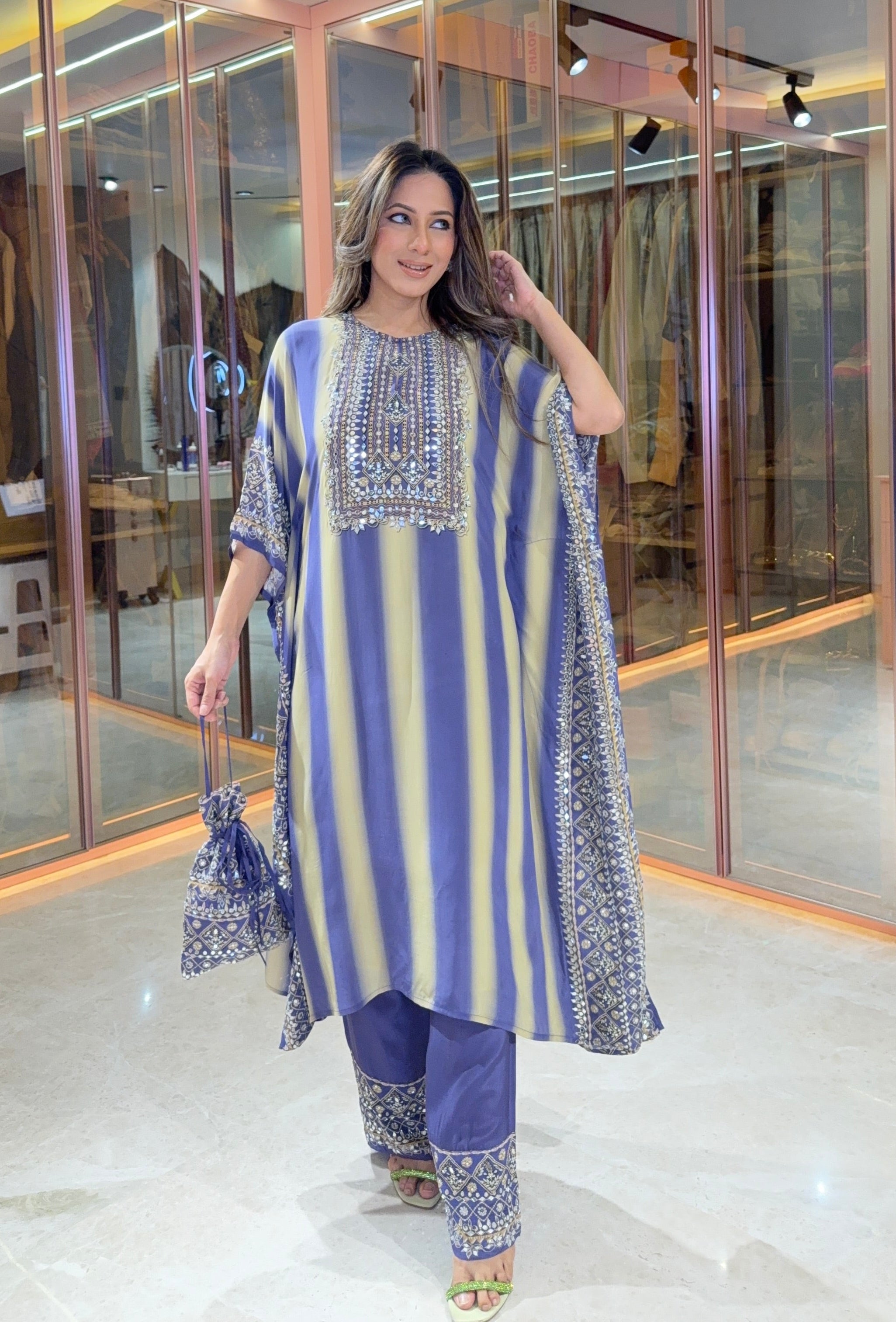 Aanchal Jain in Salma Sitara Black & Beige  Kaftan Set