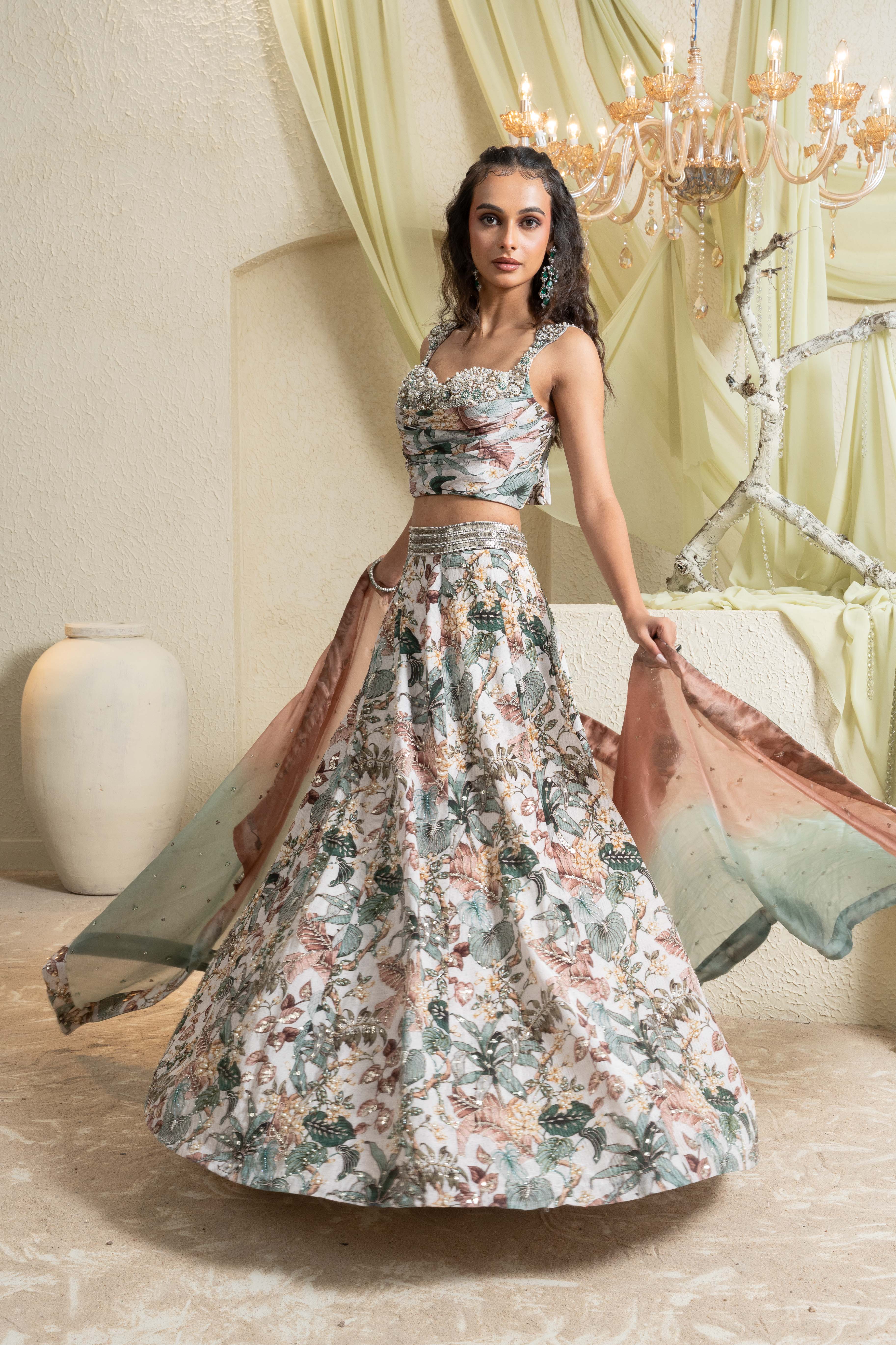 Muted Garden Intricate Hand Embroidered Lehenga Set