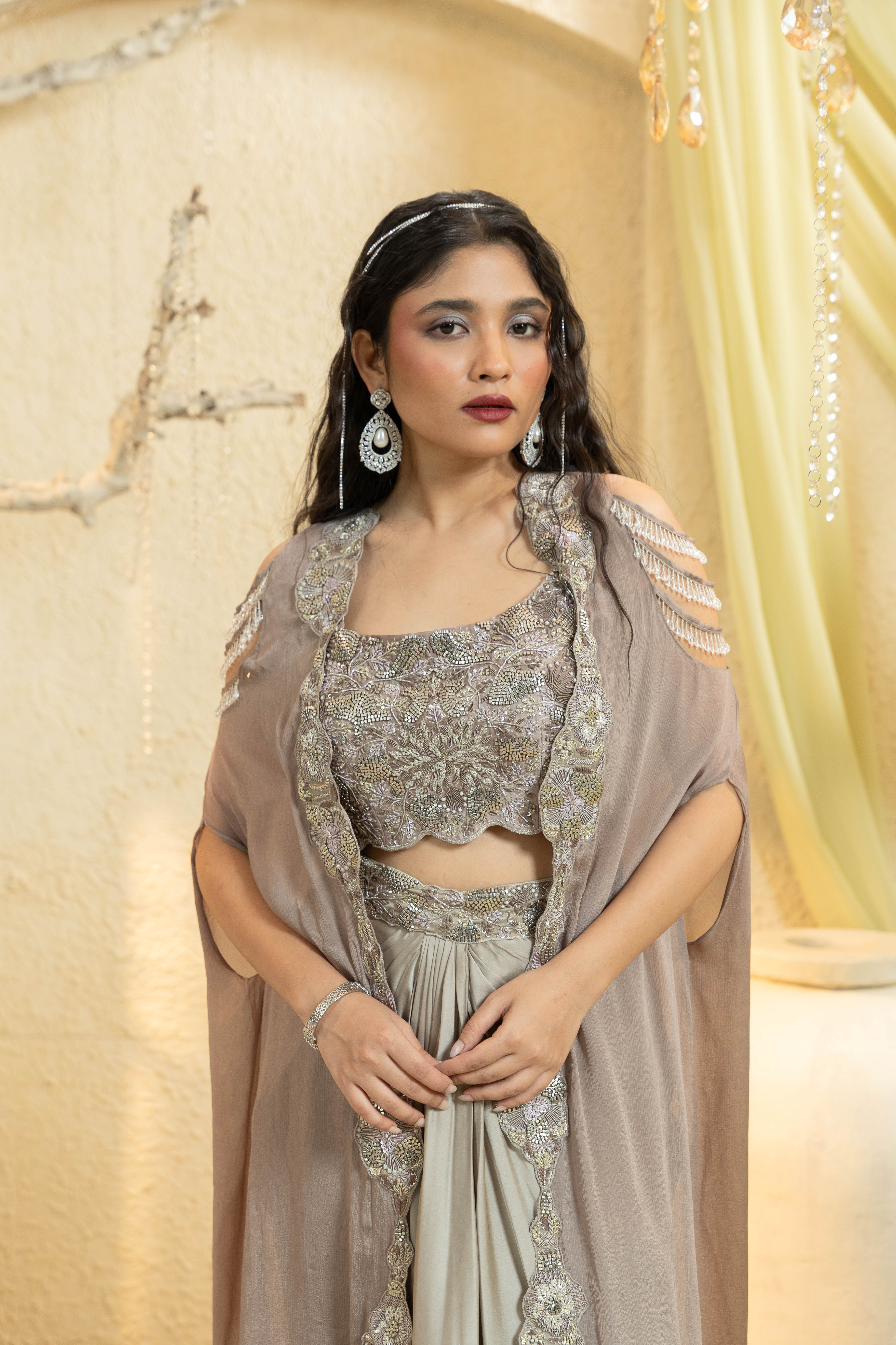 Shamsaad Begum Ivory Embroidered Draped Skirt Set