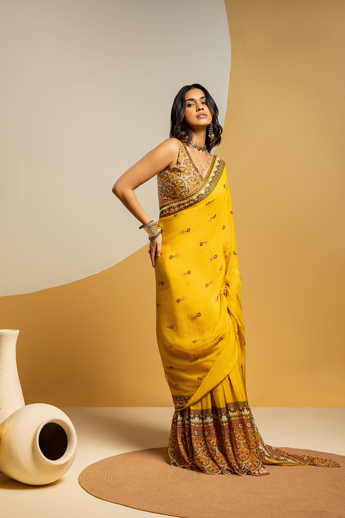 TAARANI YELLOW EMBELLISHED PRE STITCHED SAREE SET