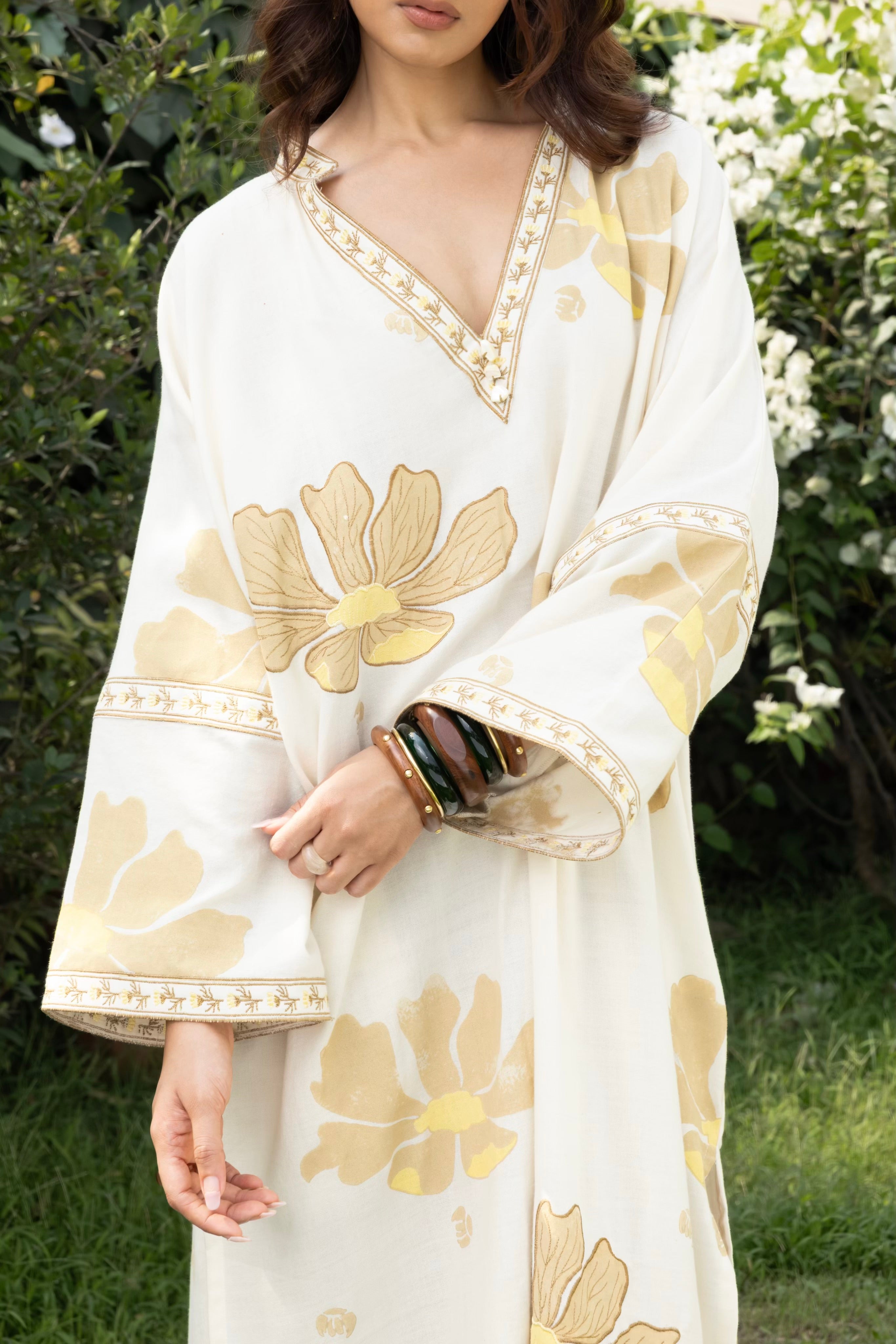 Oversized V-Neck Kaftan with Border Detail