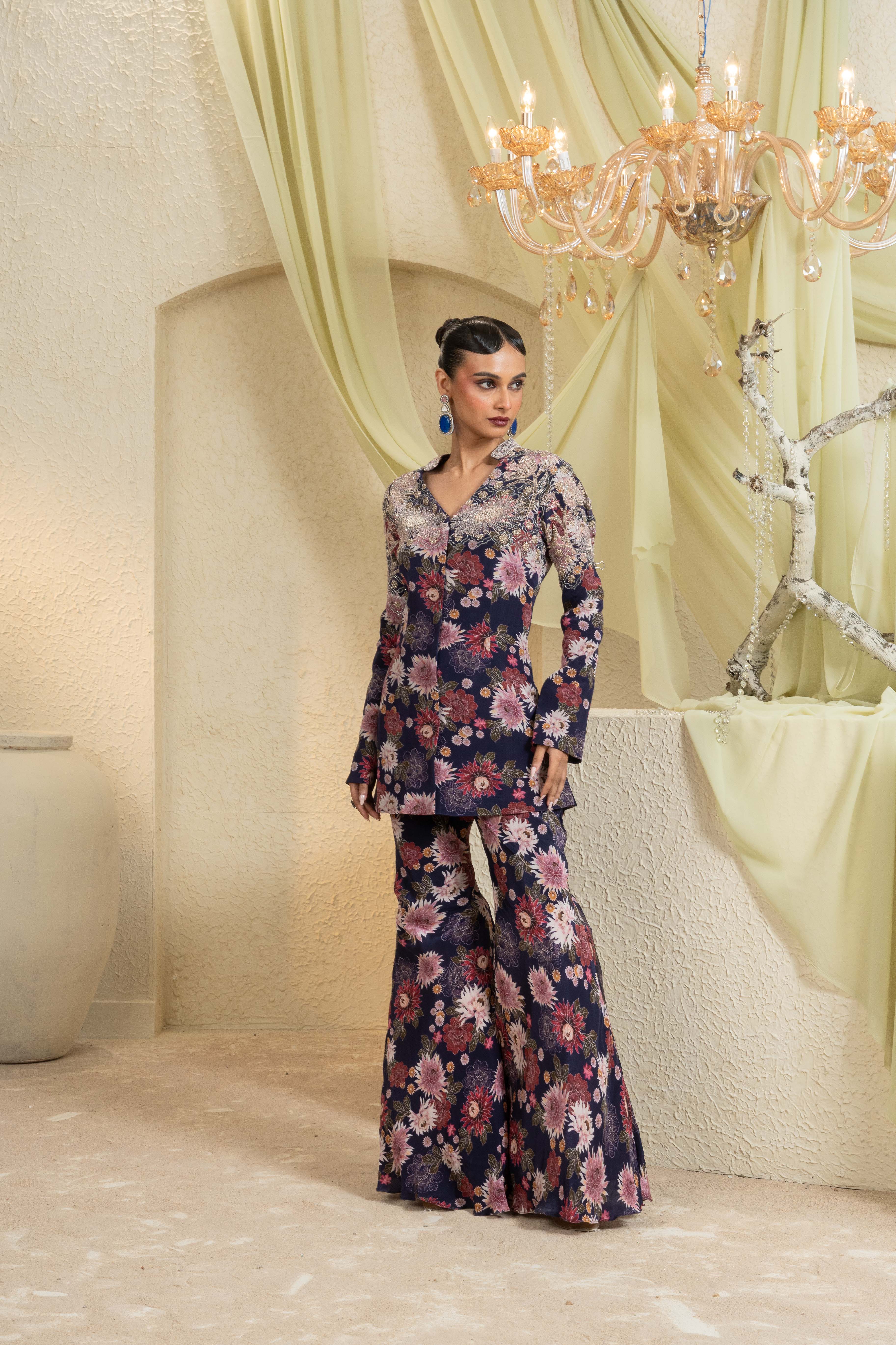 Twilight Bloom Hand-Embroidered Jacket Set