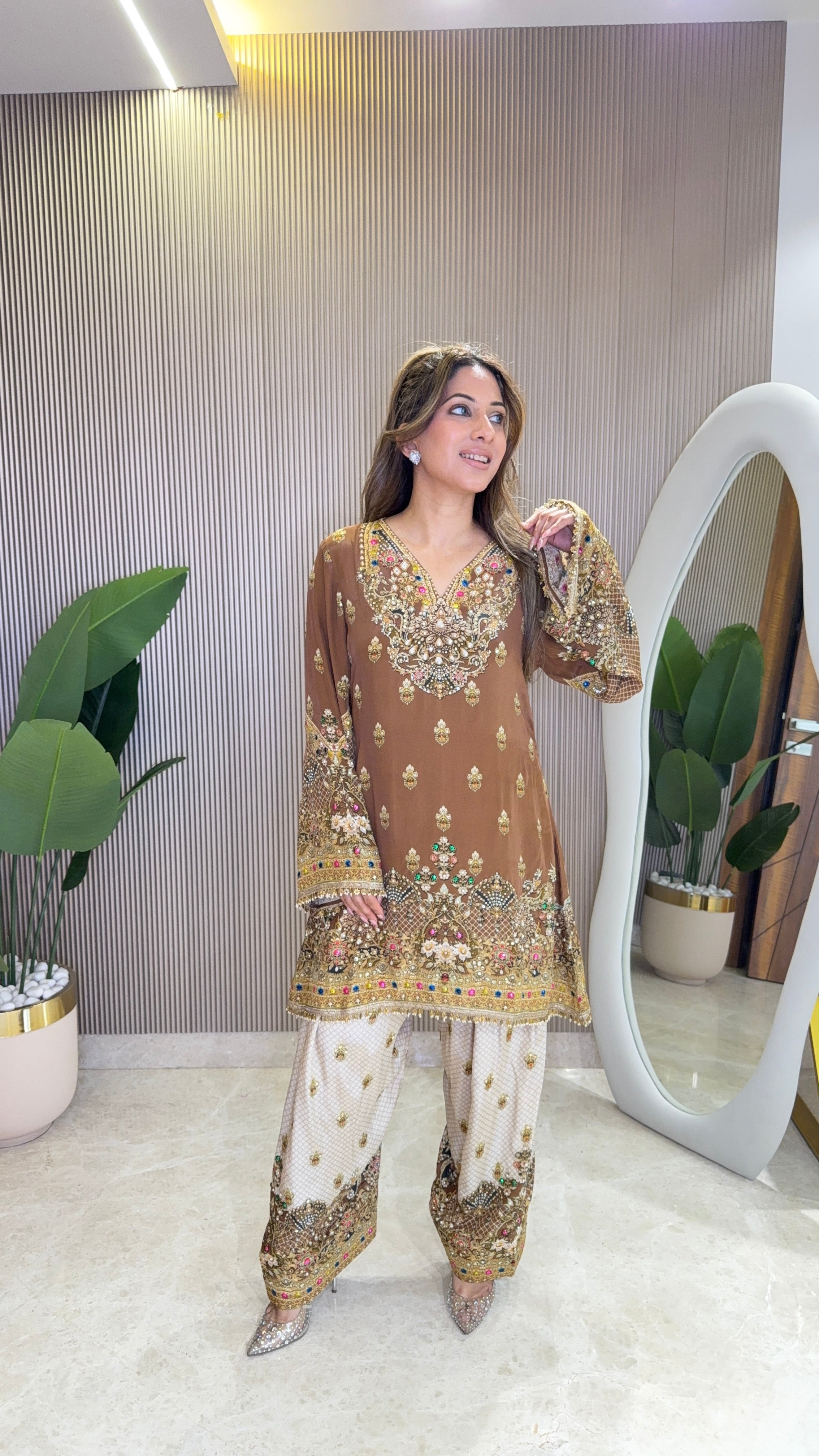 Rah Yellow - Brown Kurti with Farshi Salwar & Dupatta